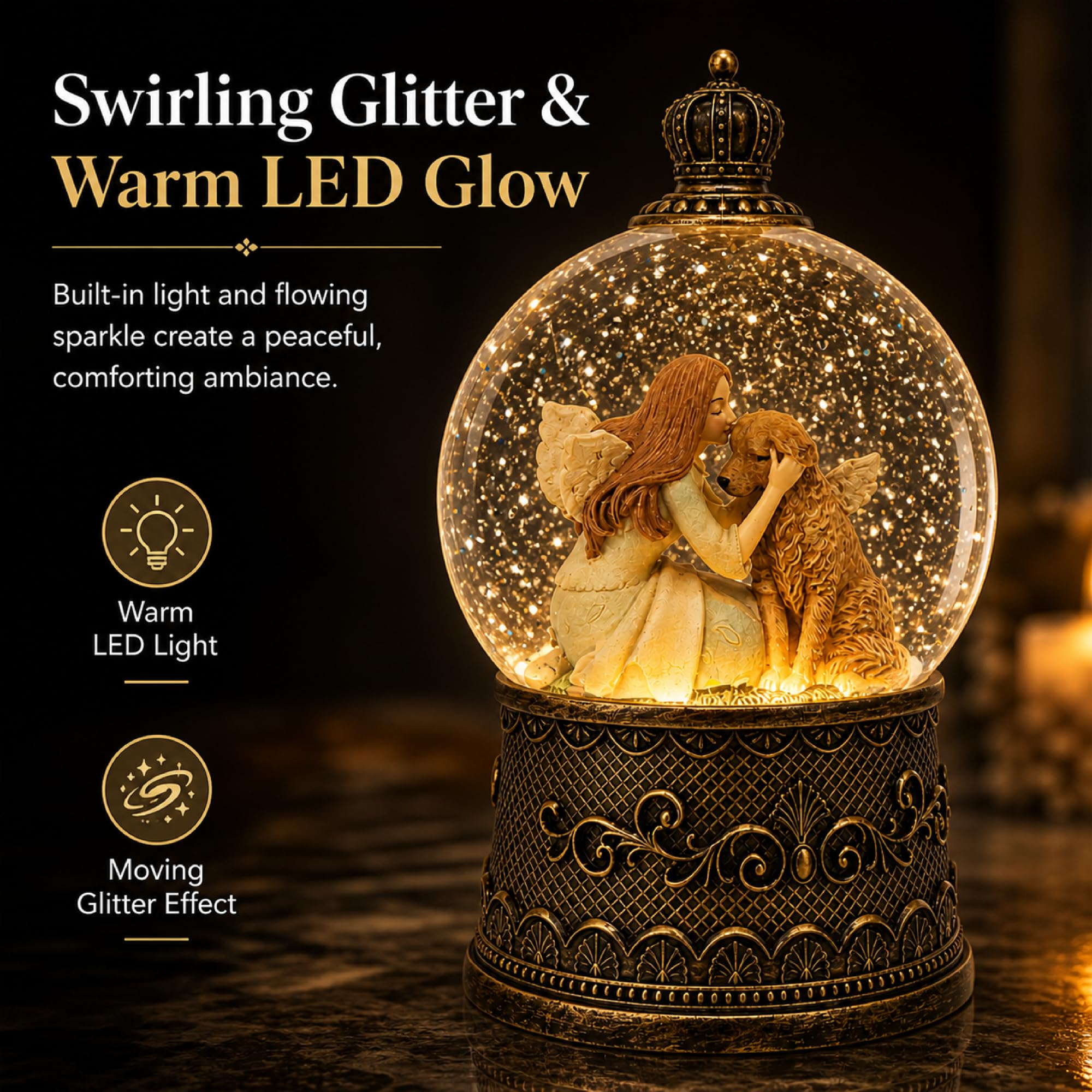 Boule à neige avec musique, boules à neige en forme de chien avec effets scintillants, alimentation USB/batterie avec minuterie de 6 heures, décorations de Noël (noir brossé doré)