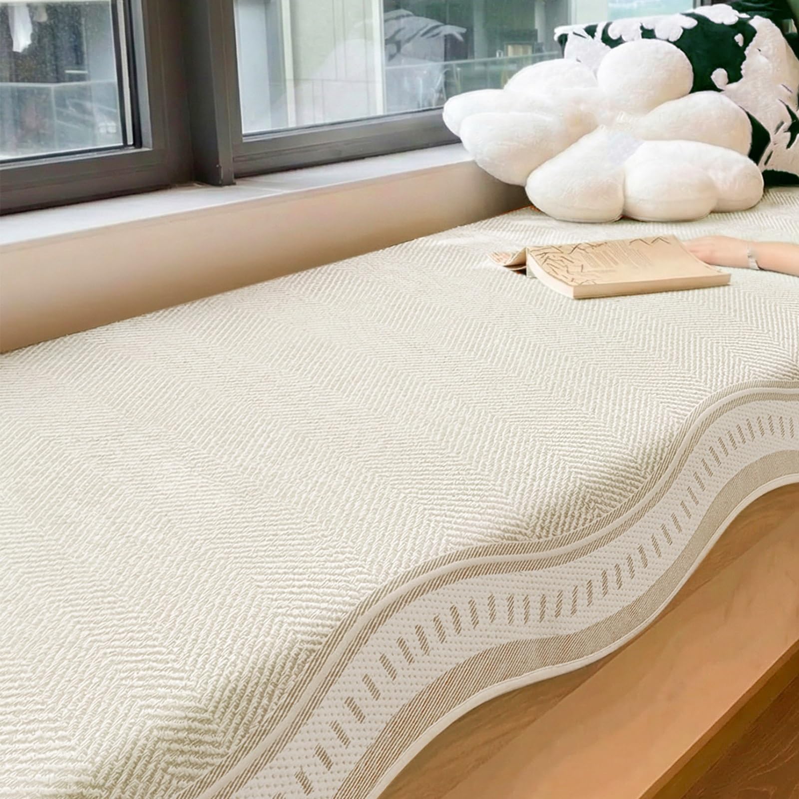 Cooling Bay Window Cushion, Nonslip Window Sill Mat, Summer Washable Pad for Mudroom Reading Nook Kitchen Dining(Beige,70x120cm/28x47in)