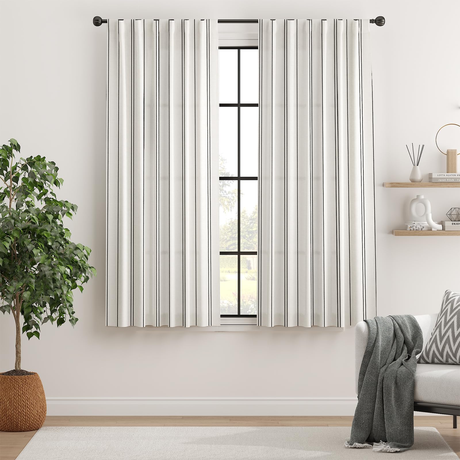 TOPICK Cortinas de Rayas Blancas y Negras con Cinturones Ocultos con Bolsillo para Varilla Modernas Translúcido Lino Aptas para Salón Dormitorio Marrón Juego de 2 Unidades 132 x 160 cm