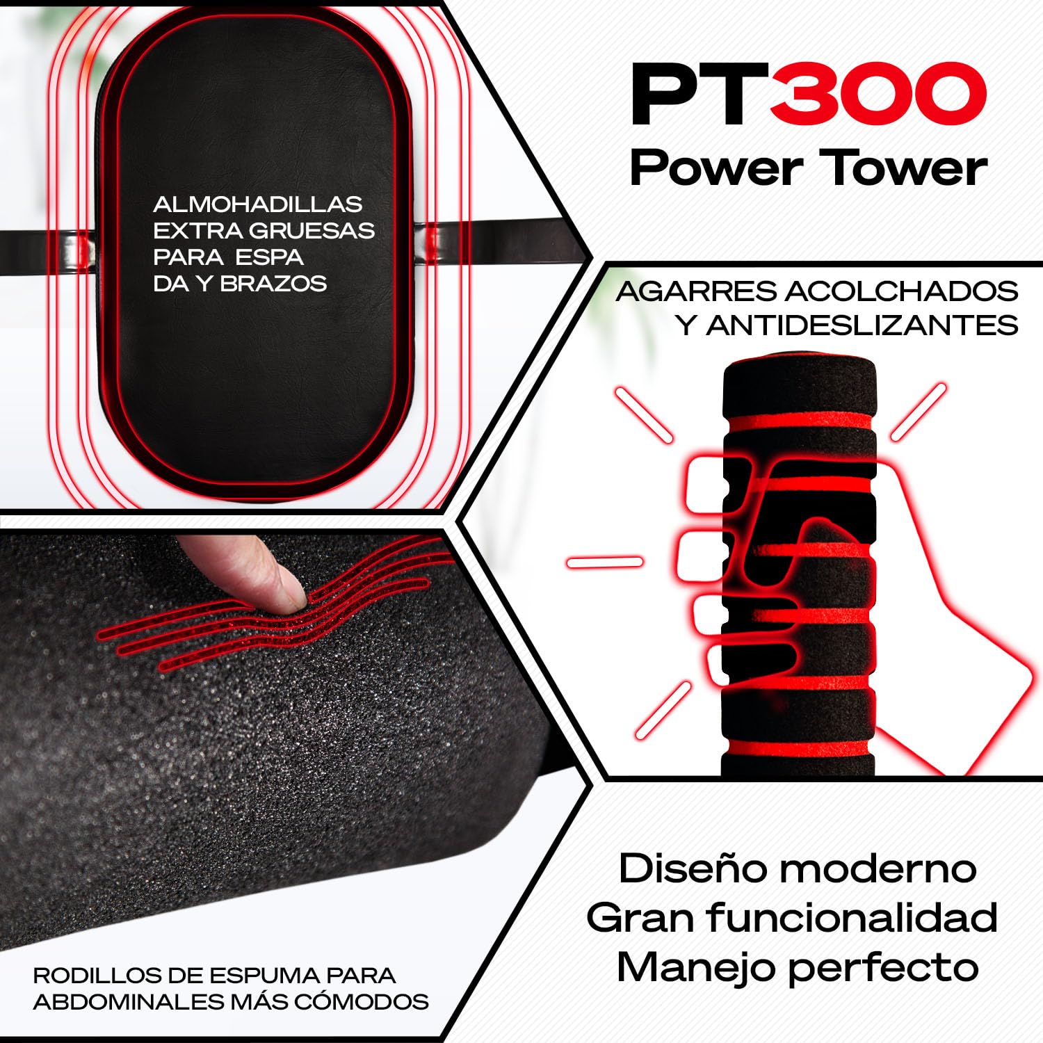 Sportstech Power Tower PT300 | Estación Multifuncional de Entrenamiento 7in1 | Torre de Musculación para Dominadas y Dips | Agarres para Flexiones + Anillas para Cuerdas de Resistencia y Suspensión