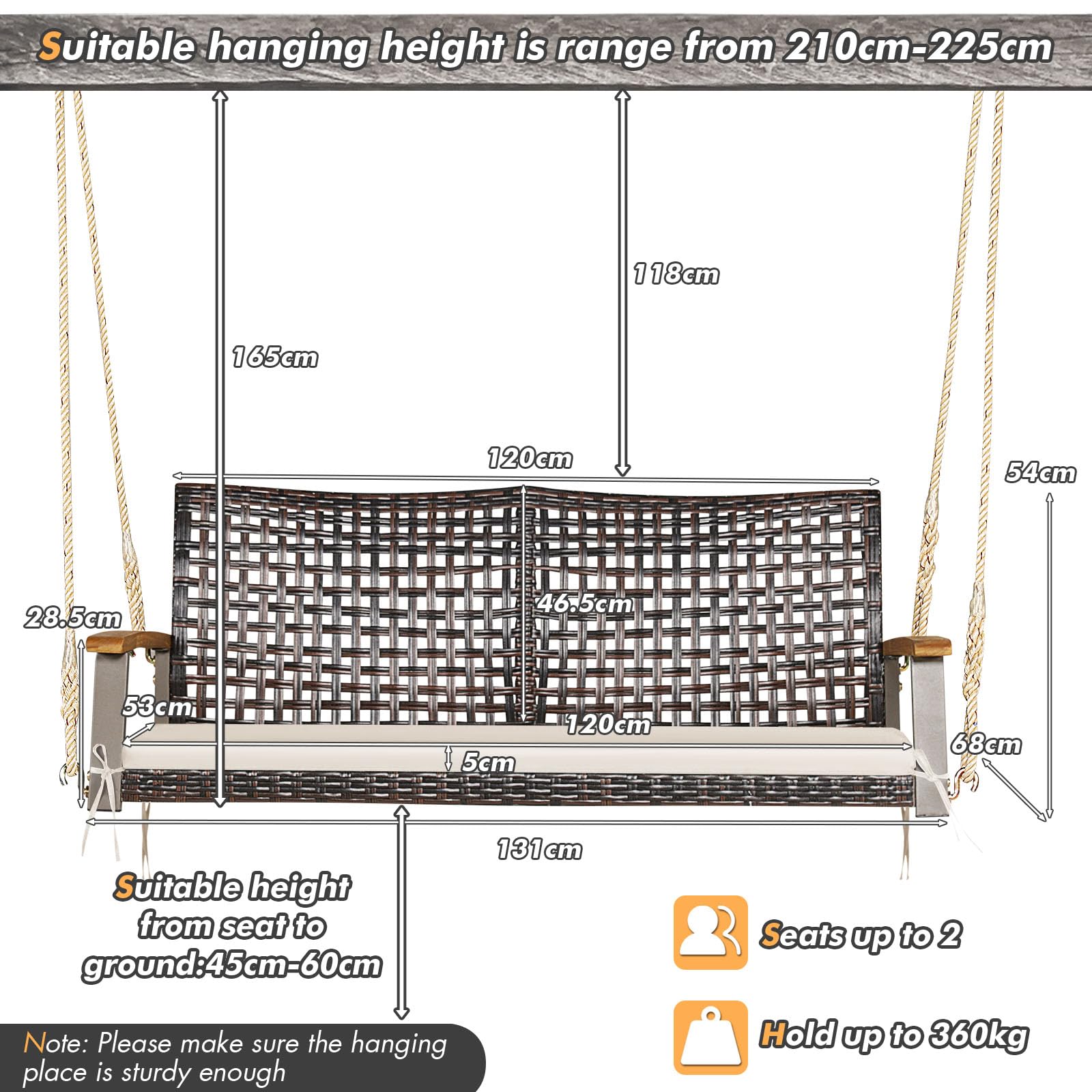 LIFEZEAL 2-Sitzer Rattan Hängeschaukel, Hängebank Gartenschaukel mit Sitzkissen, Doppelschaukel aus PE-Rattan mit Terrassenseile, Hollywoodschaukel mit Rückenlehne & Armlehnen aus Holz (Beige)