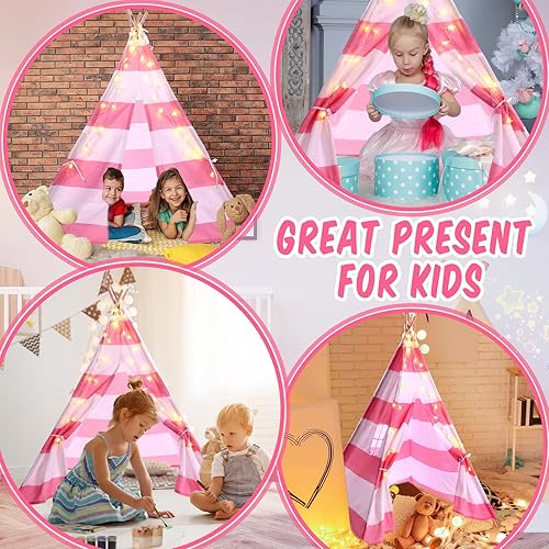 Miniatura 7 de Juego de 4 tiendas de campaña para niños con cadena de luz de estrella de 20 pies, tienda de campaña plegable de tela de algodón para niños, regalo