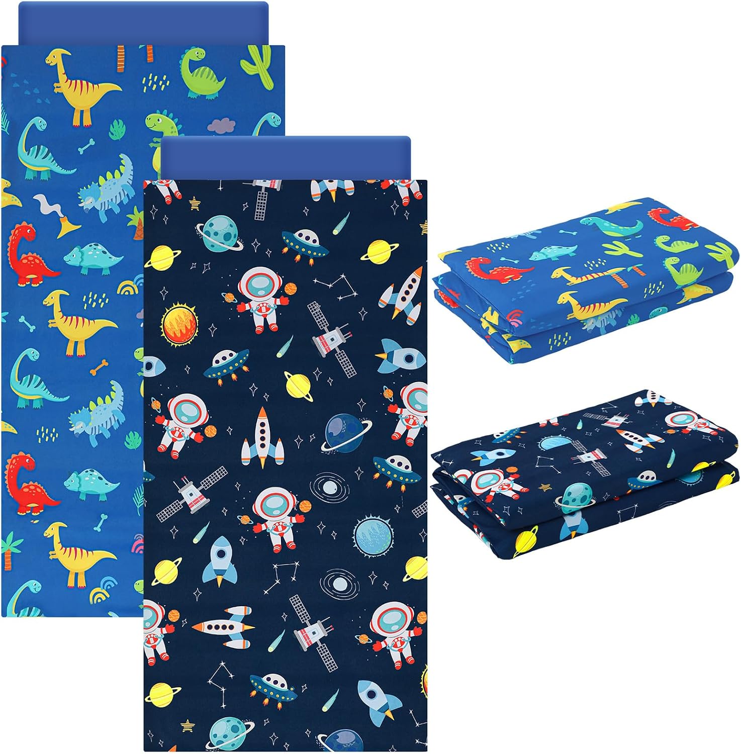 CroBlissful 2 Pcs Dinosaurs Nap Mat Cover for Boys Girls Sewn in Flap Design Blue Sleeping Kids Astronauts Nap Mat Covers Soft Microfiber Cot Sheet for Preschool Kindergarten Toddler Daycare
