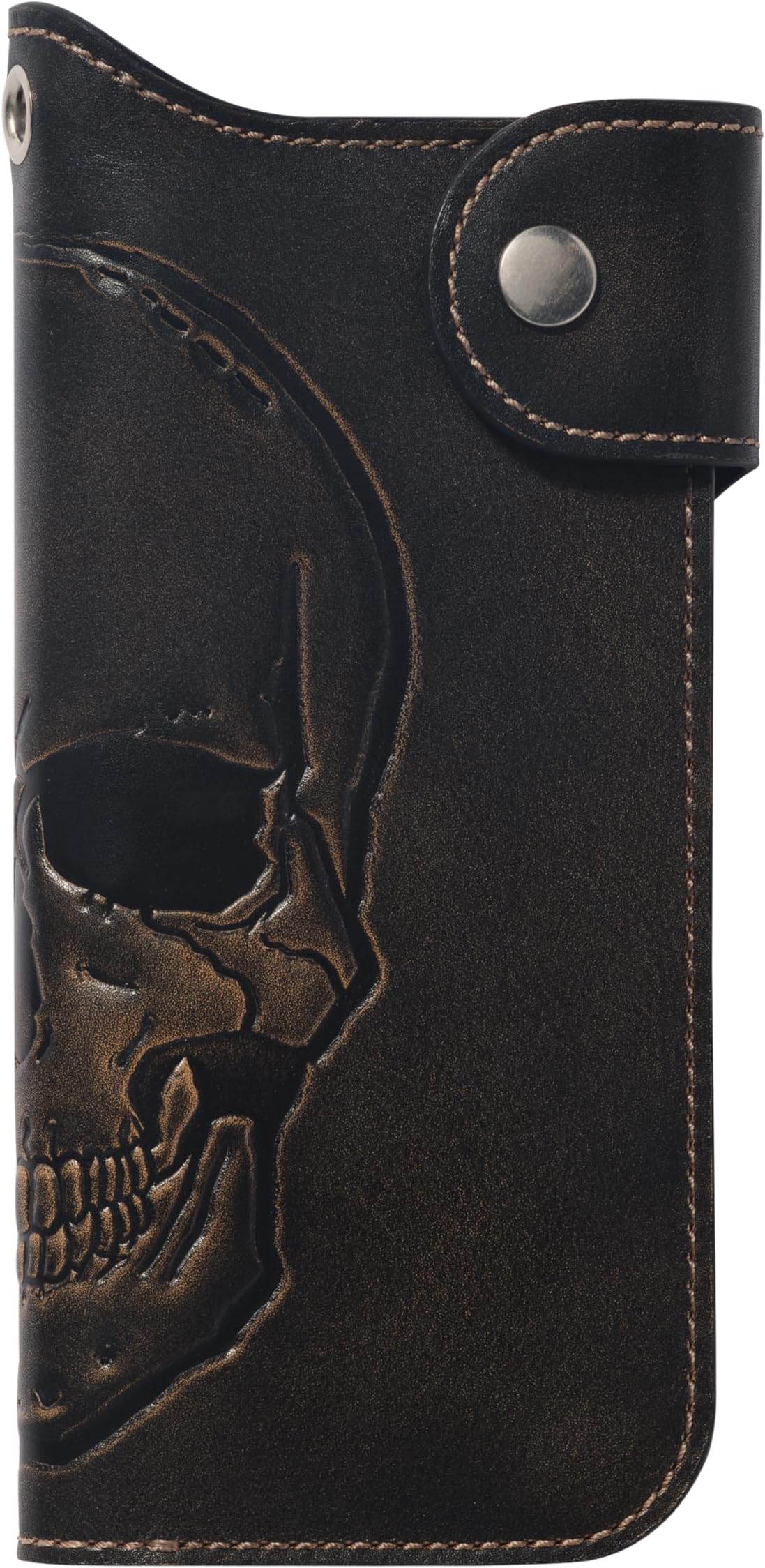 Skull Biker Wallet for Men, Long Motorcycle Wallet with Grommet & Snap Closure, Full-Grain Cowhide Leather, Vintage Black (Chain Not Included)