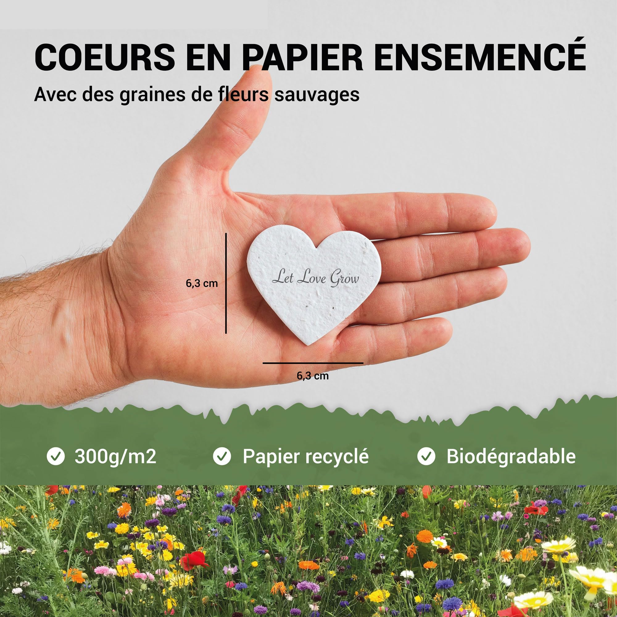 BLOOMING Cuori di carta seminata – Set di 25 bomboniere da piantare "Let Love Grow", 6,3 x 6,3 cm, 300 g/m2, bianco vergine, semi di fiori selvatici biodegradabili