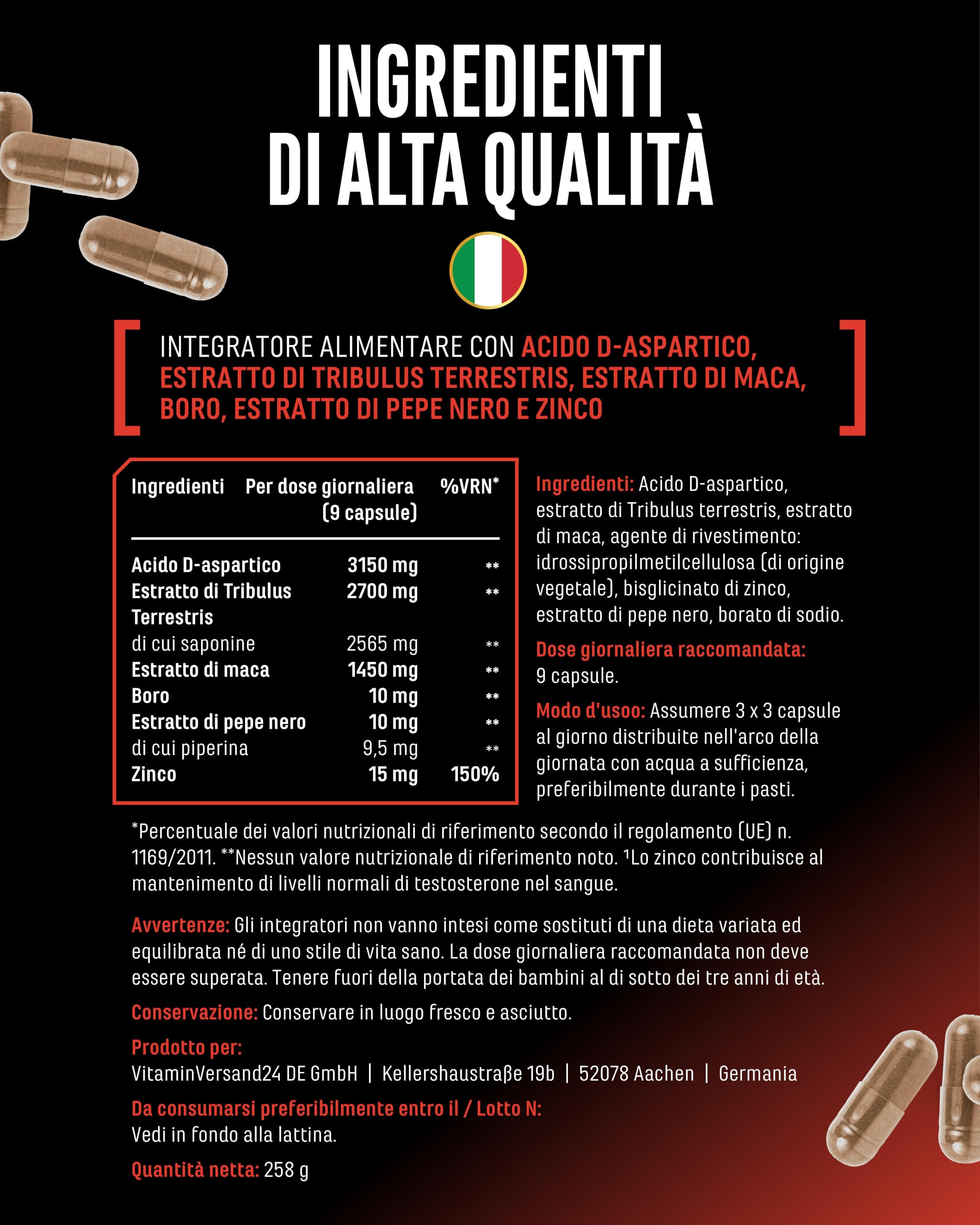 Testo MAX® - 270 Capsule - Extra Alto Dosaggio con 7323 mg per Dose Giornaliera - con Acido D-Aspartico - Tribulus - Estratto di Maca - Boro - Zinco - Aminoacidi - Vegano