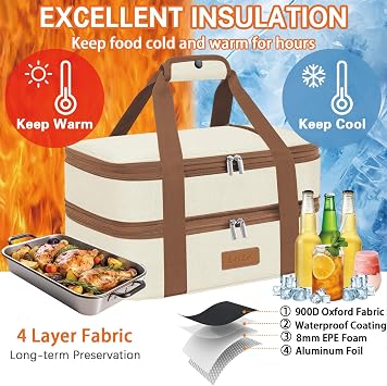LHZK Double Decker Insulated Casserole Carrier for Hot or Cold Food, Expandable Hot Food Carrier, Lasagna Holder Tote for Potluck Parties, Picnic, Beach, Fits 11 x 15 or 9 x 13 Baking Dish (Beige)