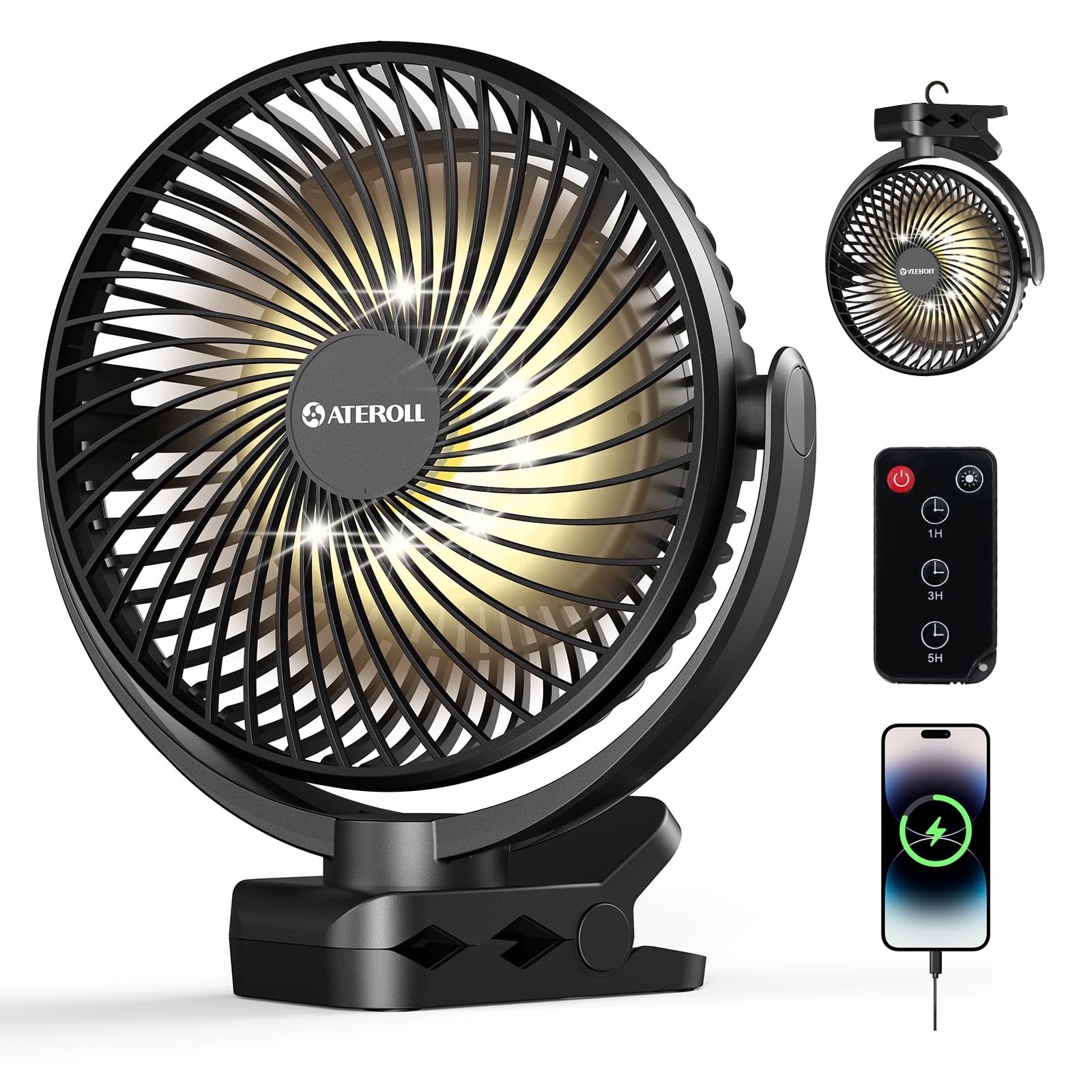Ateroll 10000mAh Clip On Fan With Remote, 3 Speeds USB Rechargeable Fan With Timer & LED Lights, 360°Rotate 8" Battery Powered Desk Fans For Home Office Travel Camping(Black - View #13