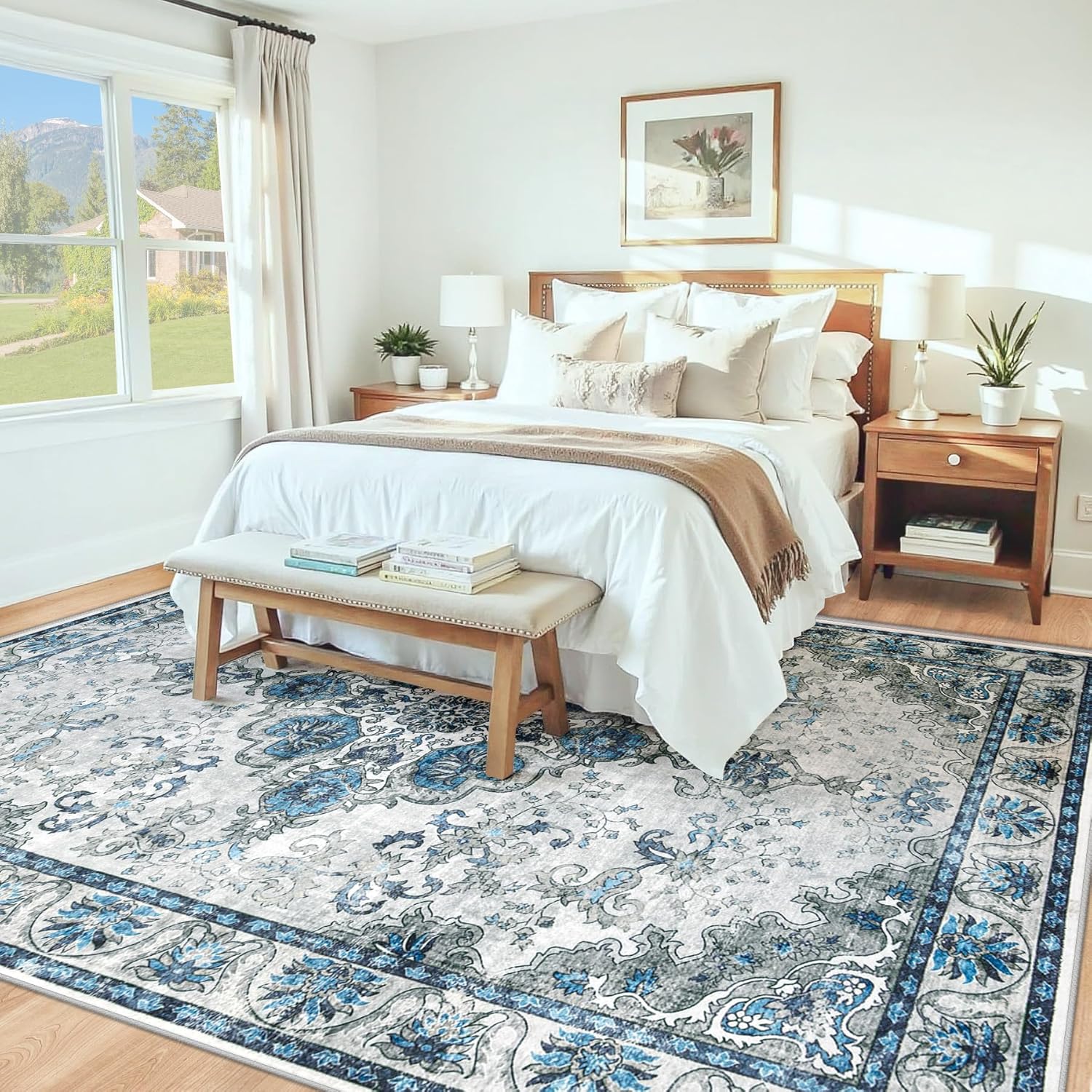 Washable 5x7 Area Rugs: Large Vintage Floral Soft Rug Non Slip Low Pile Stain Resistant Carpet for Living Room Bedroom Dining Room Office Playroom (Blue Grey, 5'x7')