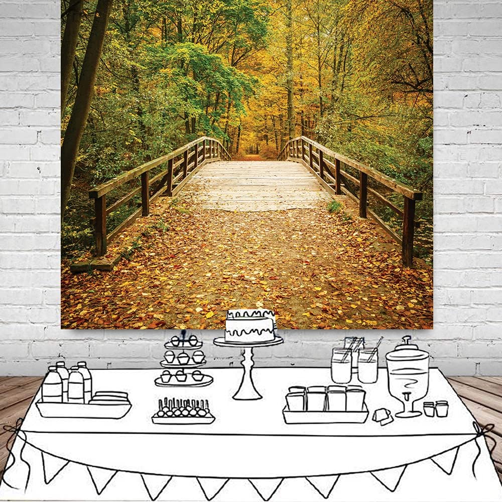 LYWYGG Fall Backdrop 10x10ft Yellow Leaves Autumn Scenery Photography Backdrops Deciduous Bridge Background Photo Studio Backgrounds CP-62