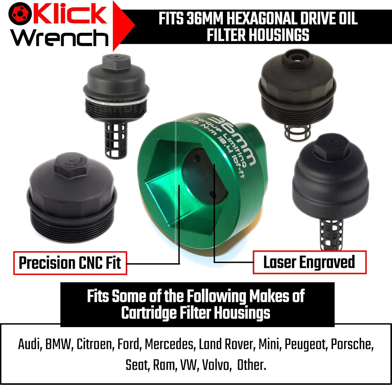 2 Stage 36mm Torque Limiting Oil Filter Wrench, Green, 6061-T6 Aluminum
