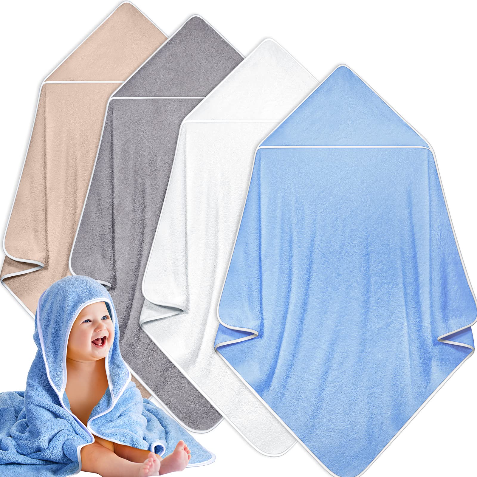 Reginary 4 Pack Baby Hooded Towels Coral Fleece Baby Bath Towels 30 x 30 Inch Soft Absorbent Hooded Bath Blanket for Newborn Toddler Infant Boy Girl