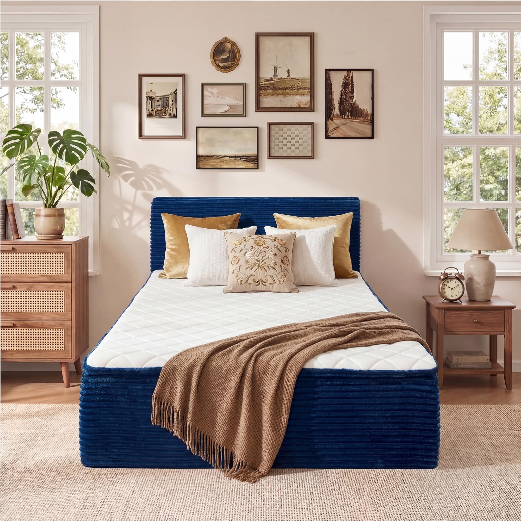 Full Boneless Bed Frame with Mattress, 16 Inch Memory Foam Mattress with Plush Fabric Upholstered Bed Frame Platform, No Assembly Required,Cool Night &amp; Relieve Pressure with Medium Support, Blue