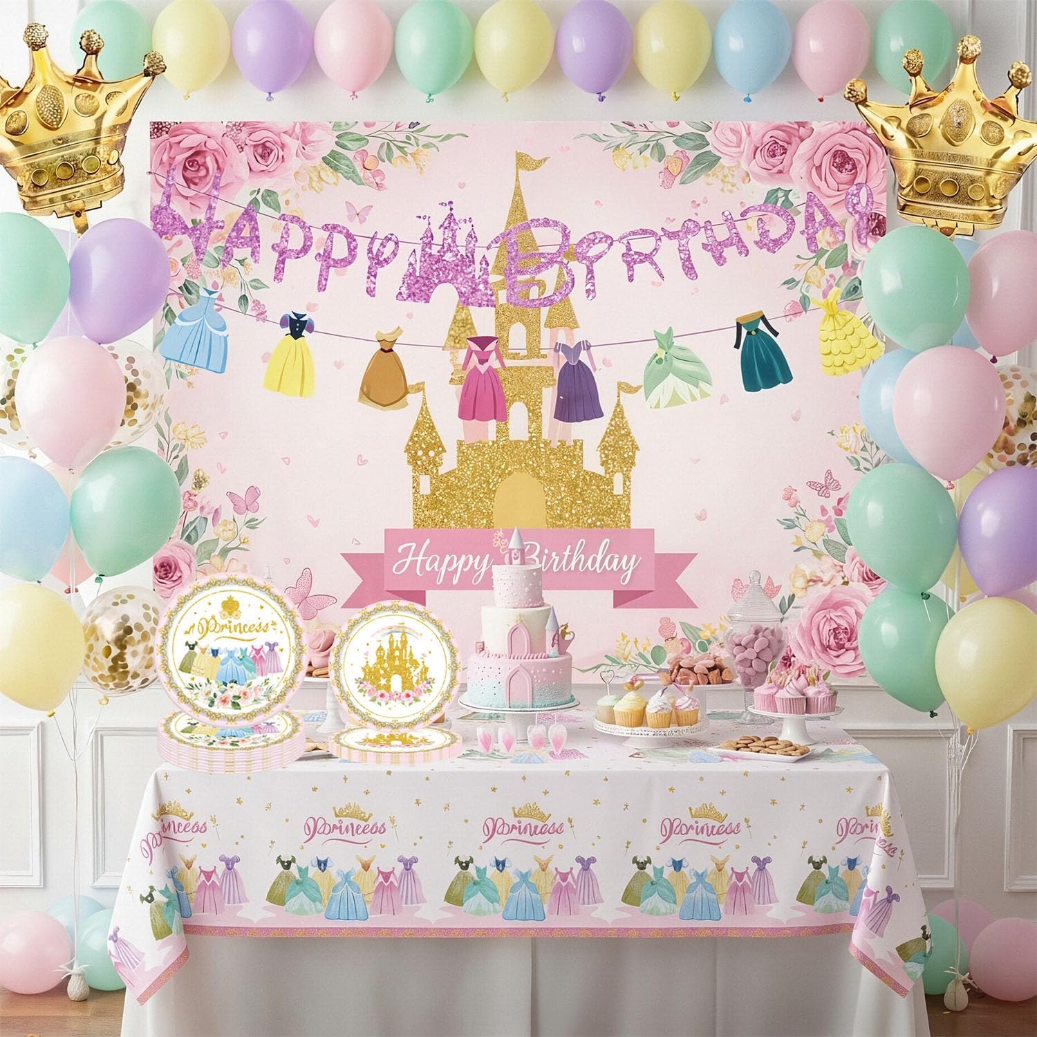 142pcs Princess Birthday Party Decorations Includes Plates, Napkins, Cake Toppers, Banner, Hanging Swirls, Tablecloths, Balloons, Backdrop for Princess Party Decorations (Princess Large Set)