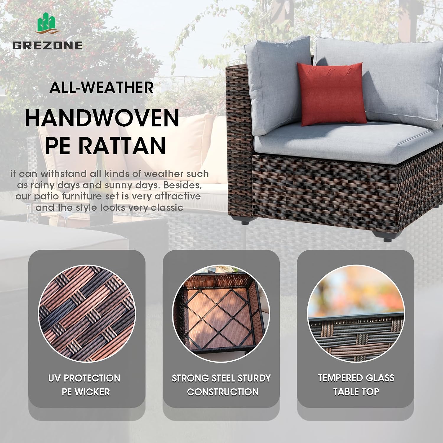 Grezone 8 Pieces Patio Furniture Set Wicker Rattan Outdoor Furniture with Fire Pit Table Patio Sectional Sofa with Thickened Cushions and Tempered Glass Coffee Table, Grey