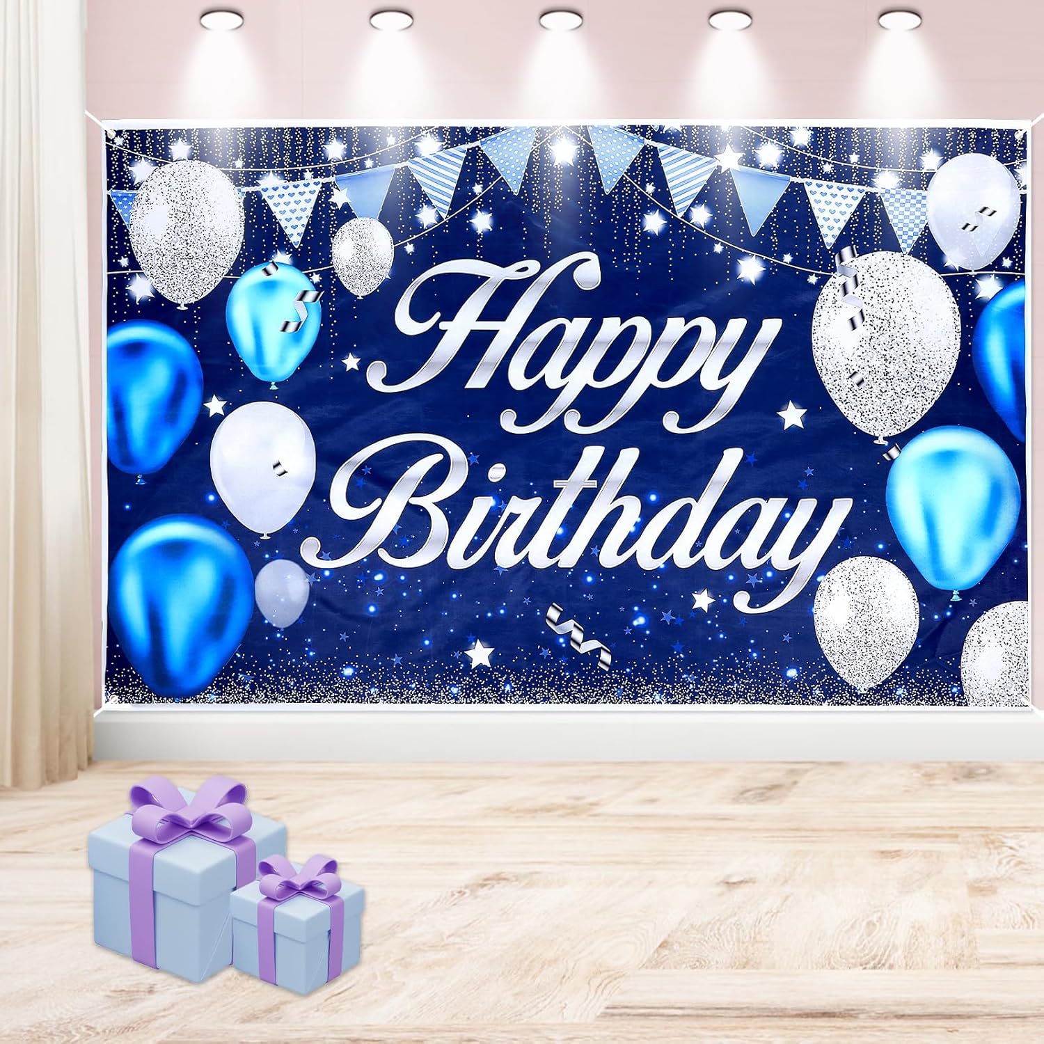 Yolev Happy Birthday Banner Sign Blue Silver Happy Birthday Decorations Large Backgroud Birthday Party Banners for Men Women Indoor Outdoor Party Decorations
