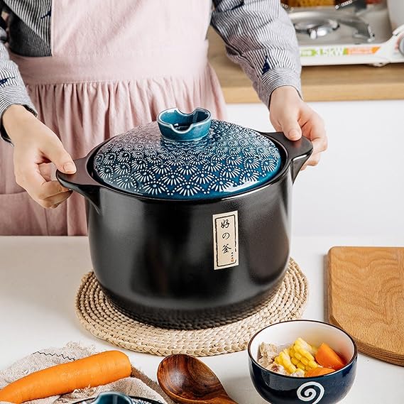 Ceramic Black Casserole Clay Pot with Lid, Japanese Donabe Ceramic Hot Pot, Stew Pot Kitchen Cooking, Heat-Resistant Stockpot for Home, for Dinner and Party