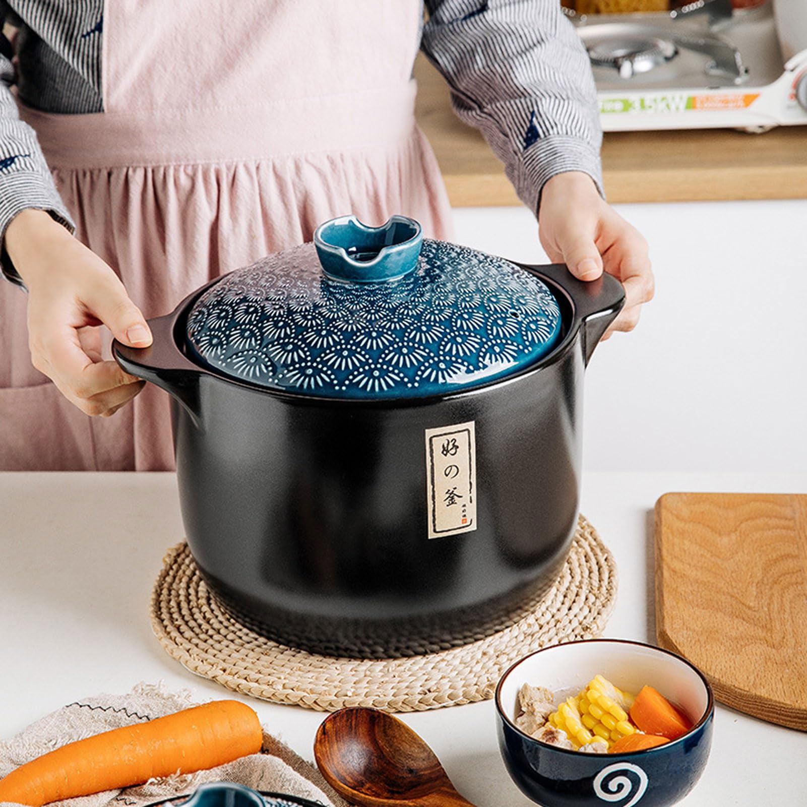 Casseruola in ceramica con coperchio, resistente al calore, ideale per cene e pasti quotidiani