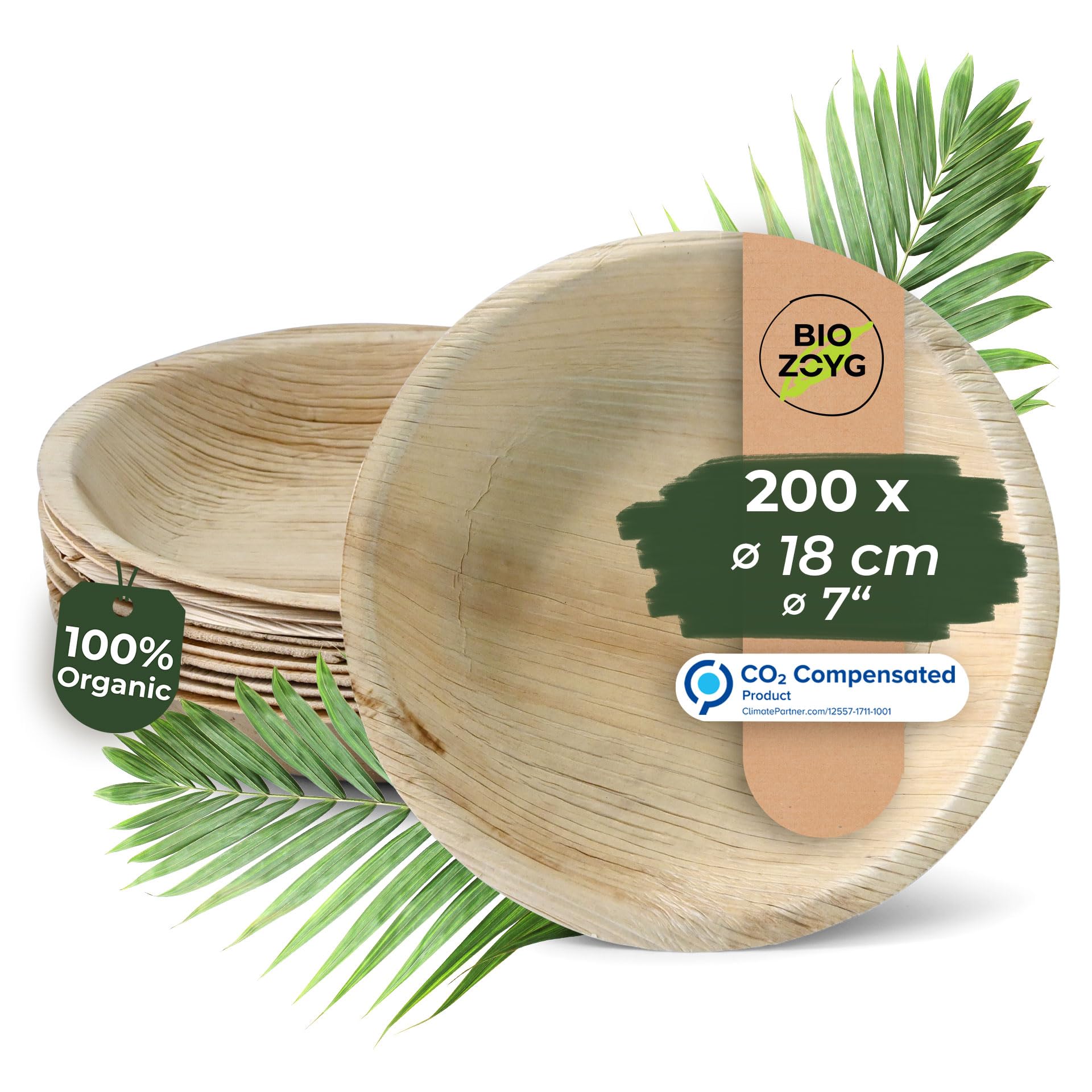 BIOZOYG 200x di piatti in foglia di palma Ø 23 cm - Piatti monouso compostabili e naturali - Stoviglie da festa rotonde