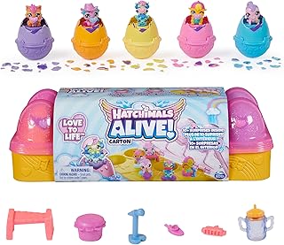 HATCHIMALS Alive, cartón de Huevos Rosa y Amarillo con 6 Minifiguras en Huevos Que se rompen Solos, 11 Accesorios, Juguetes para niños y niñas a Partir de 3 años