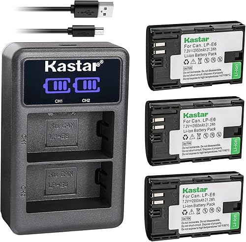 Kastar Paquete de 3 baterías LP-E6 y cargador USB LED2 compatible con Canon EOS 60D, EOS 60Da, EOS 70D, EOS 80D, EOS R, EOS Ra, EOS R5, EOS R5 C,