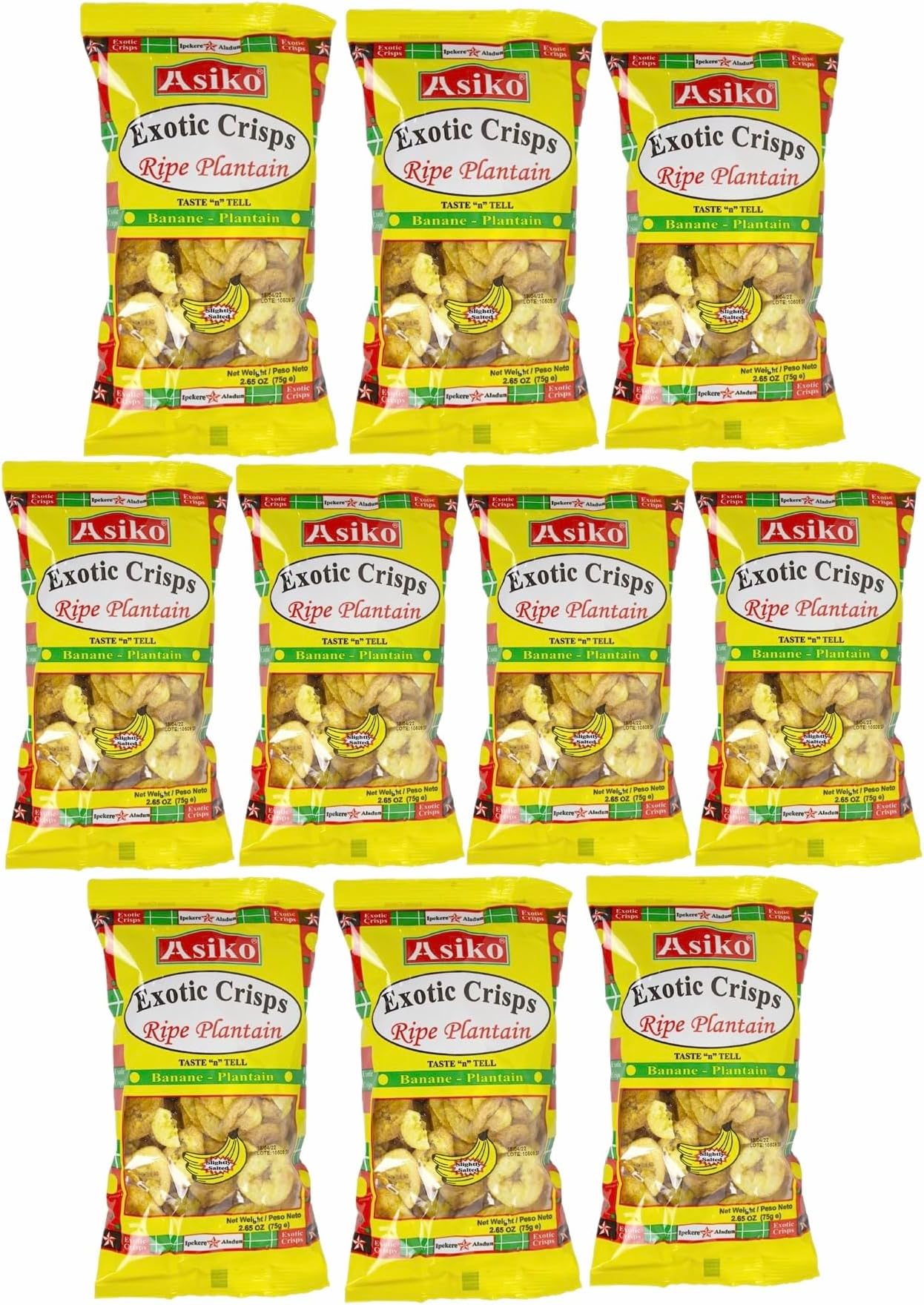 Asiko Exotic Ripe Plantain Crisps (Lightly Salted) 75g (Pack of 10)