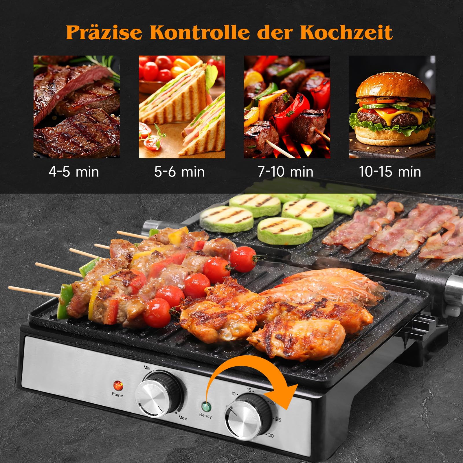 Aigostar Roast - Kontaktgrill 2000W | Einstellbarer Thermostat | 30 Minuten Timer | 29 * 23cm | 180° Öffnung | Fettauffangschale | Sandwichmaker für Sandwiche, Steak, Toaster