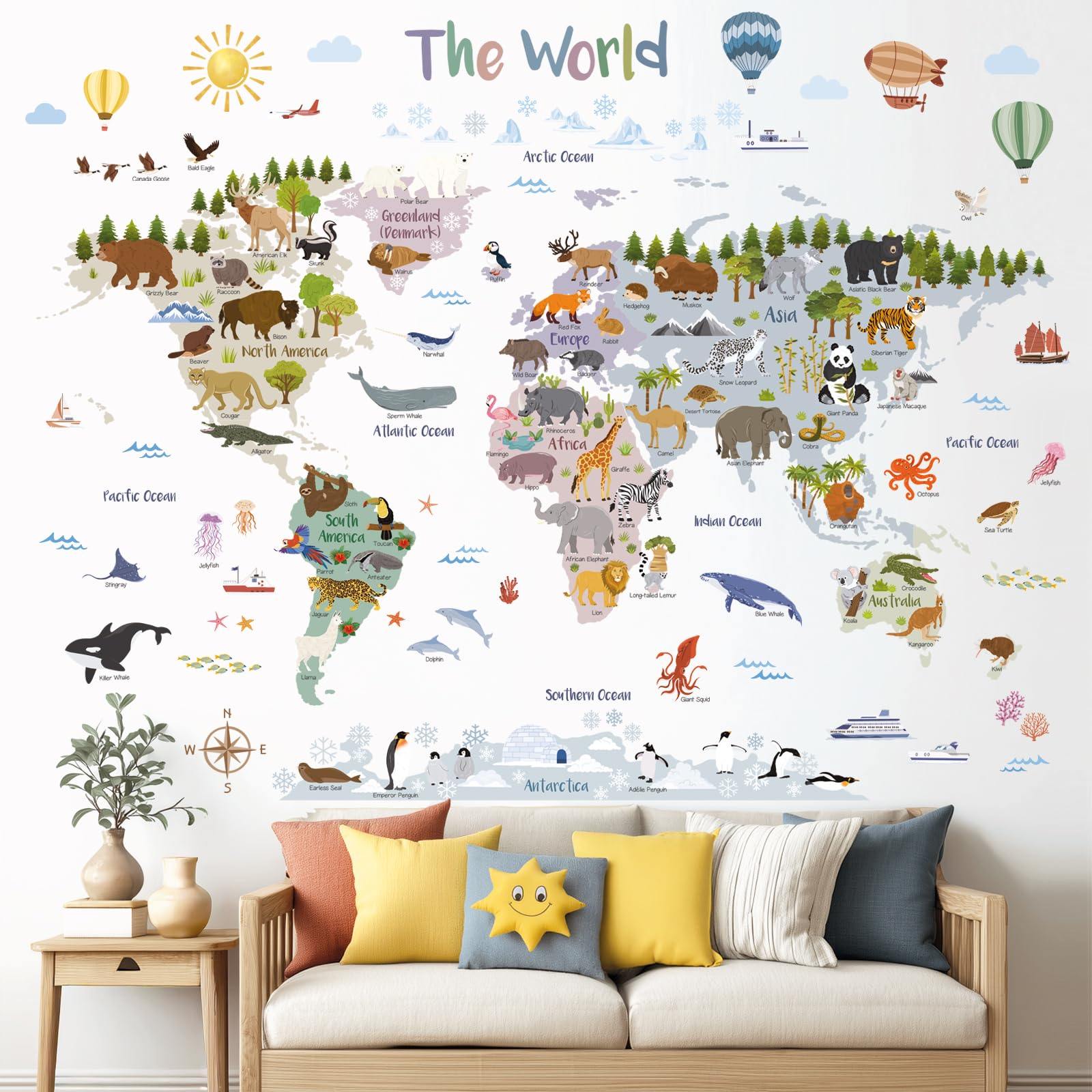 DECOWALL Naklejki ścienne Mapa świata Boho ze zwierzętami - naklejka ścienna edukacyjna do pokoju dziecięcego, przedszkola i pokoju zabaw (105 × 83 cm) (SG2-2516)