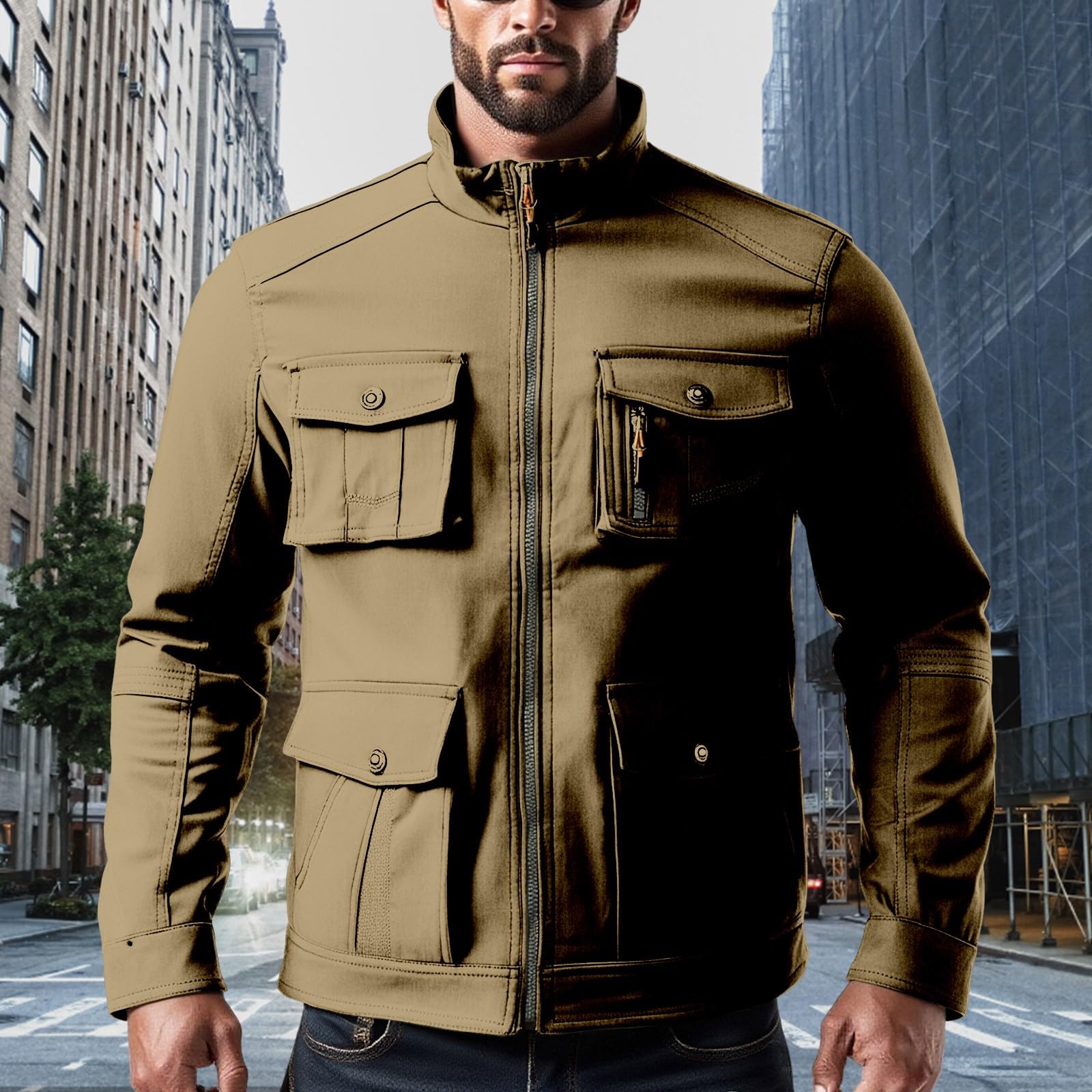 Chaqueta para hombre con múltiples bolsillos, chaqueta militar para hombre, táctica, casual, cuello alto, ropa de trabajo, chaqueta de manga larga, abrigos de ocio, chaquetas con cremallera completa