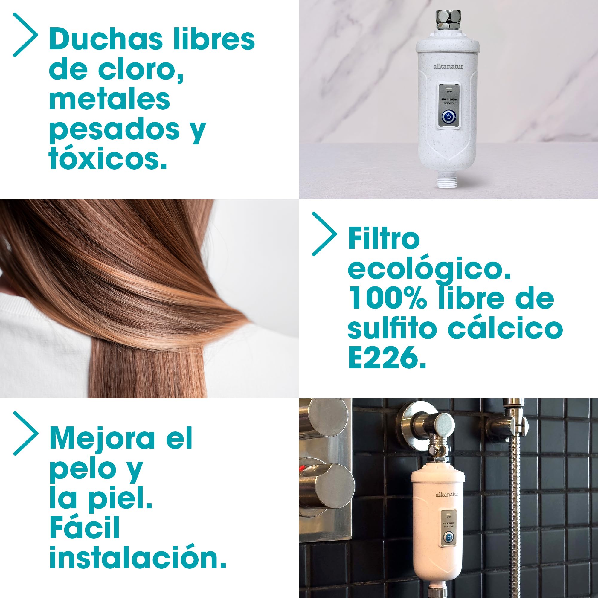 Filtro Agua para Ducha y Baño 30.000 L para el Pelo y Piel Sistema de Filtracion Libre De Sulfito Cálcico E226 Shower Head Filter ALKANATUR