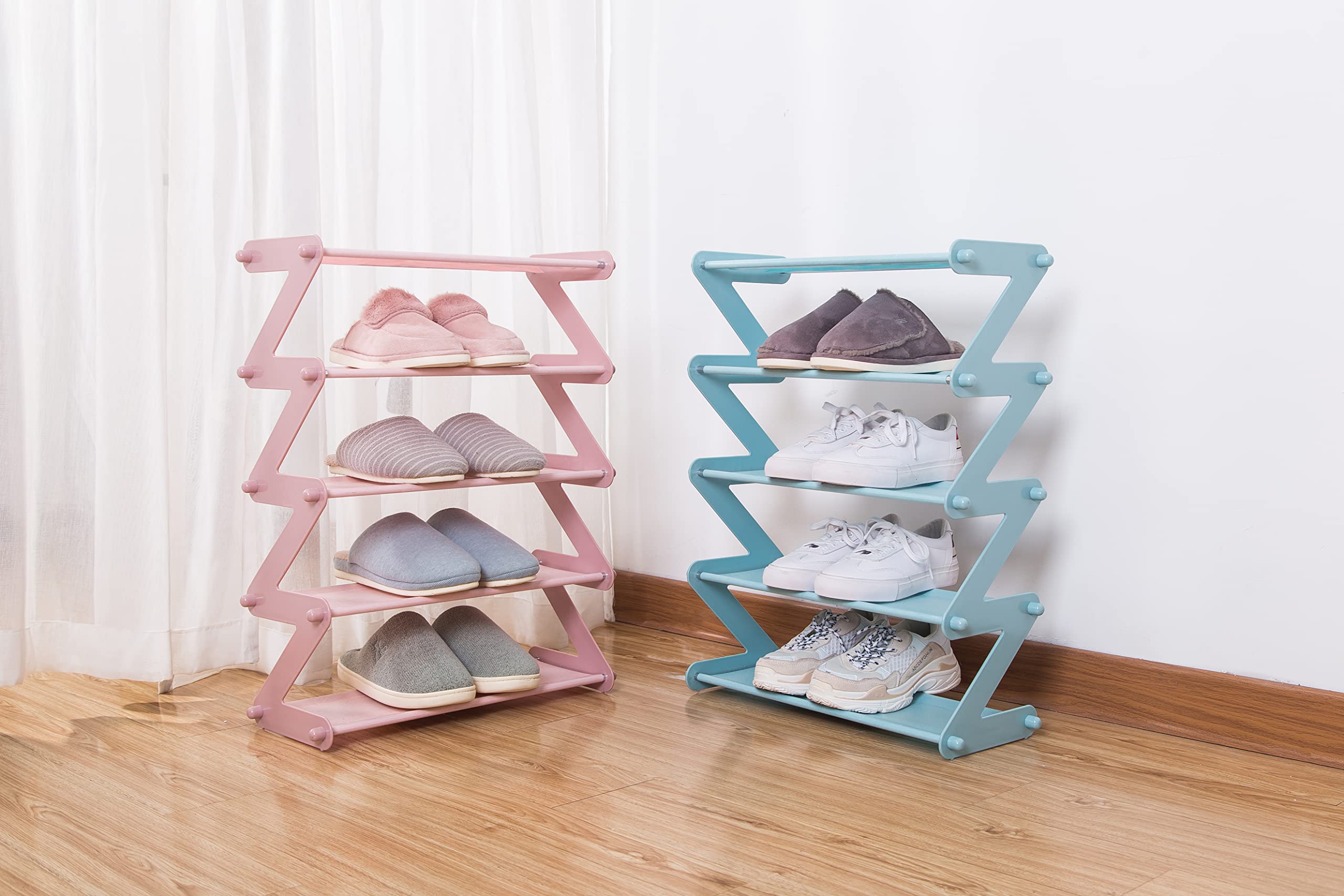 Zapatero de 4 Niveles Organizador Apilable para 8-10 Pares, Gabinete de Almacenamiento de Estante de Zapatos Expandible de Tela no Tejida para Espacio pequeño y Estrecho (Pink)