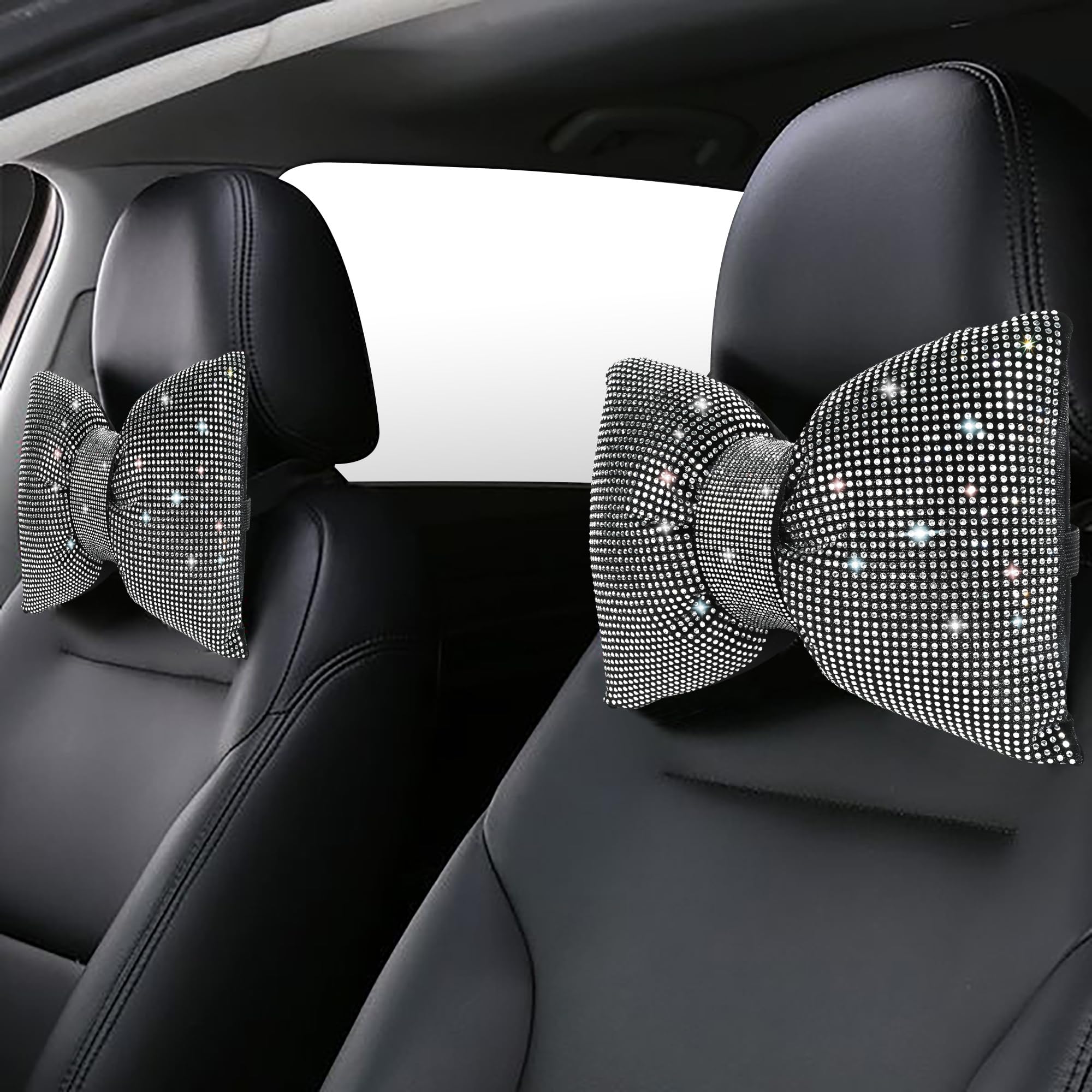 bylikeho 2PCS Car Pillows,Rhinestone Bowknot Neck Pillow for Car,Head Neck Support Car Headrest Pillow,Car Neck Pillow Car Headrest Neck Cushion Pillows,Bling Car Accessories for Women (White)