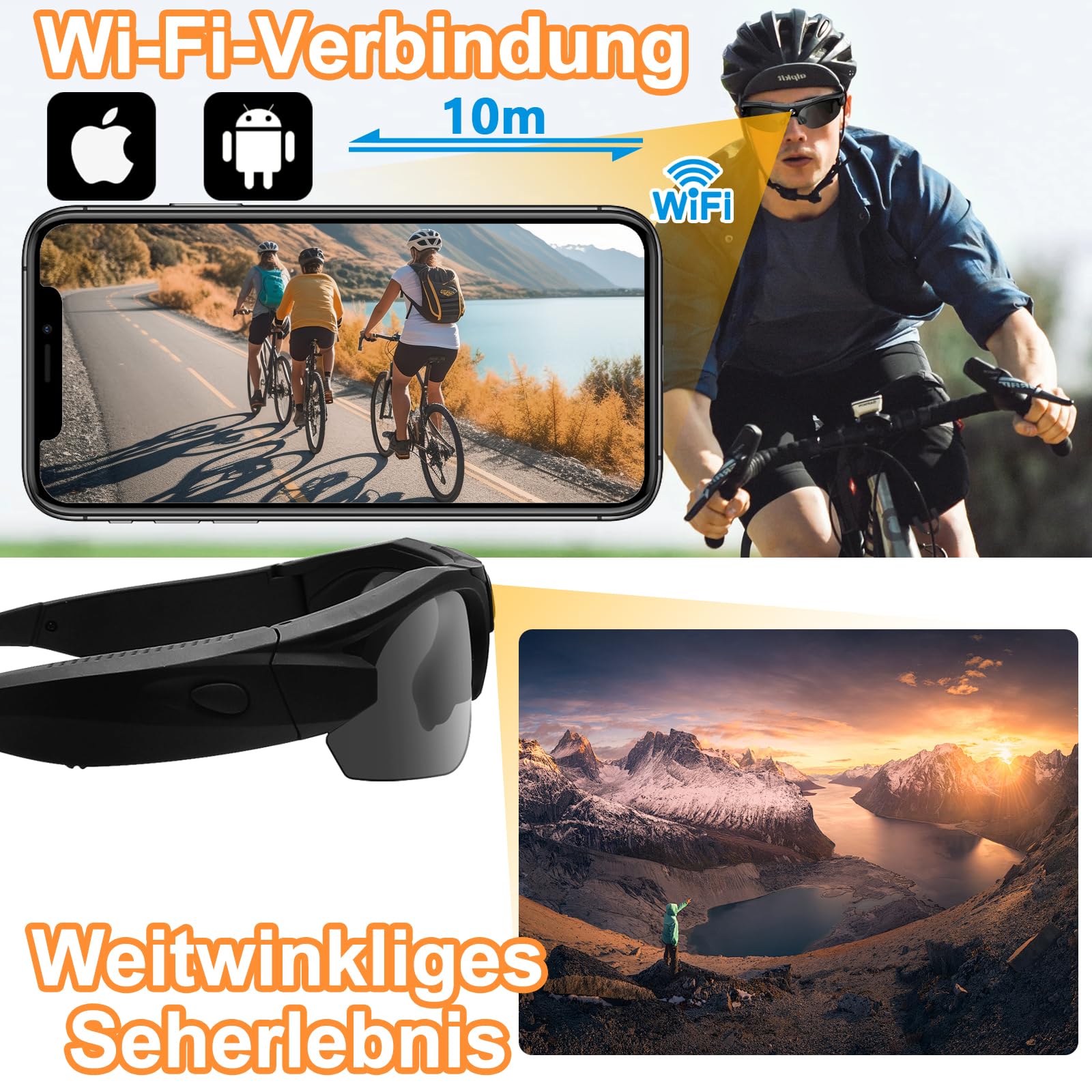 Brille mit Kamera & 1080P WiFi, 120° Weitwinkel, polarisiert für Sport | 100 Min Akku, 256GB Speicher, polarisierte Linsen (UV-Schutz), Loop-Aufnahme, inkl. Zubehör-Set