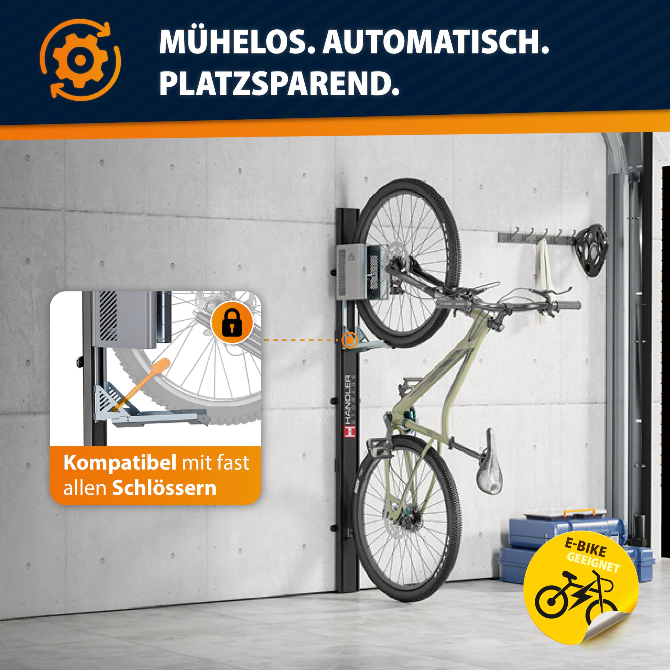 Handler Storage Fahrradlift | vertikale Fahrradwandhalterung | bis 32 kg