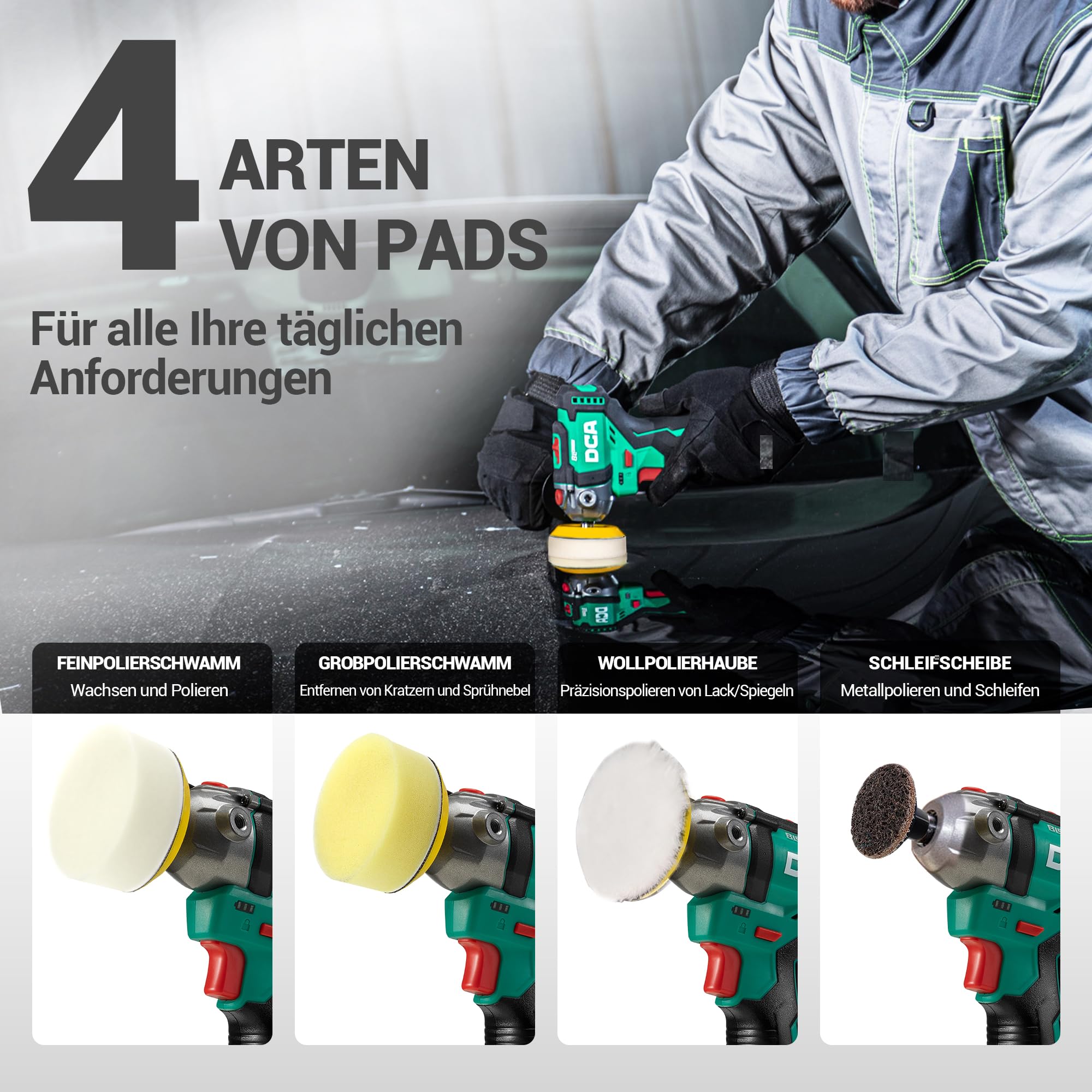 DCA Mini Poliermaschine Auto, 12V Akku Poliermaschine, 75mm Bürstenlose Auto Polierer und 50mm Schleifmaschine, 2x 2,0Ah Akkus, 2 Geschwindigkeit 2800-8300 U/min für die Autopflege Schleifen/Wachsen