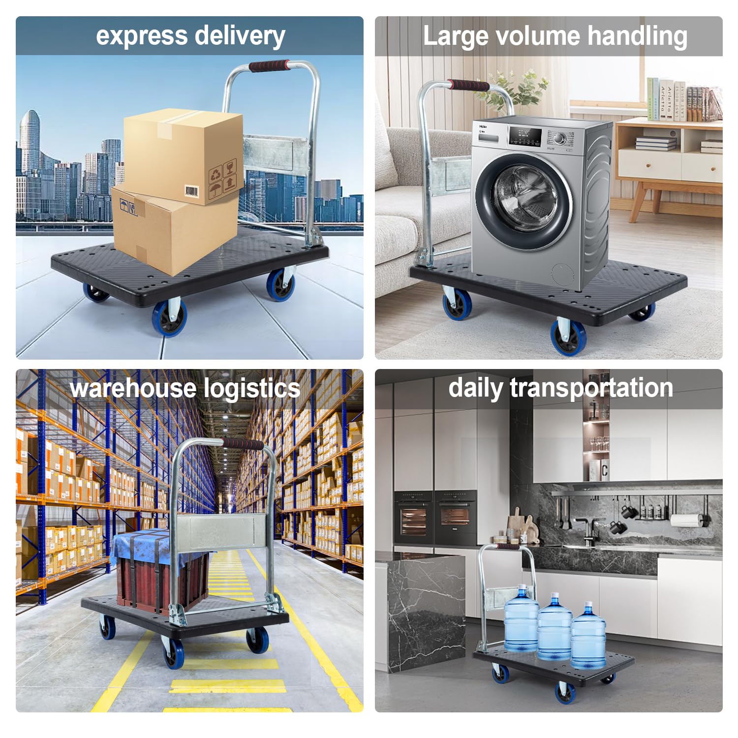 K IKIDO Carrito de transporte plegable con asa – Carrito de transporte con asa – Soporte de transporte antideslizante – Capacidad de carga de 300 kg – Plataforma grande