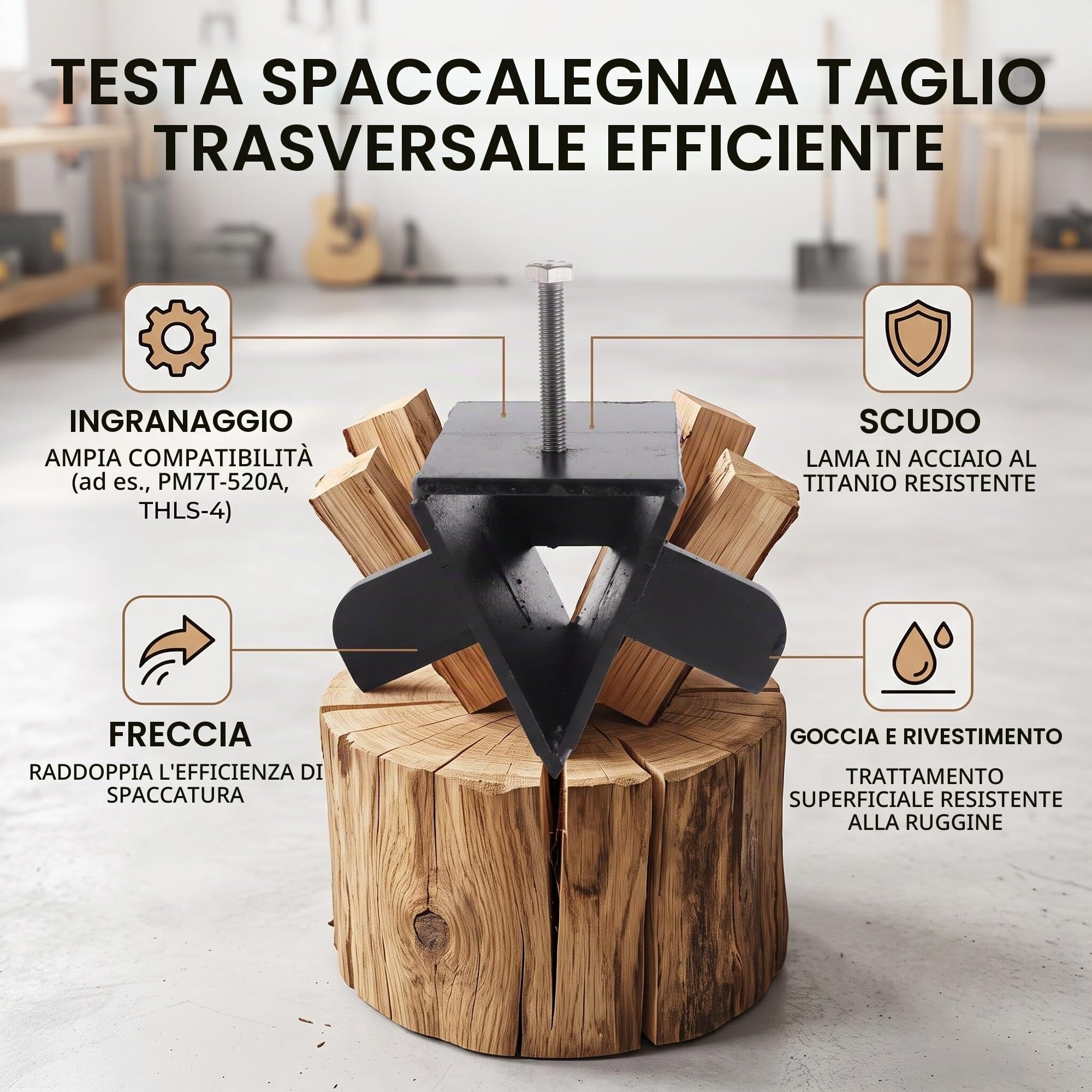 Cocoarm, croce per spaccalegna elettrica, spaccalegna idraulico, testa di taglio a croce, in acciaio al titanio