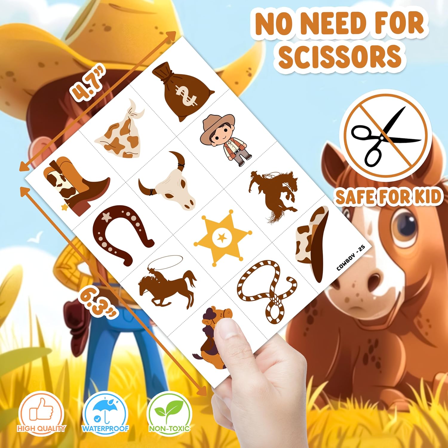 48PCS Cowboy Party Favors - 24PCS Cowboy Temporary Tattoos & 24PCS Cowboy Stick Hands - Perfect Birthday Favors, Goodie Bag Stuffers, Treasure Box Toys, Classroom Prizes, and Student Gifts - Image 9