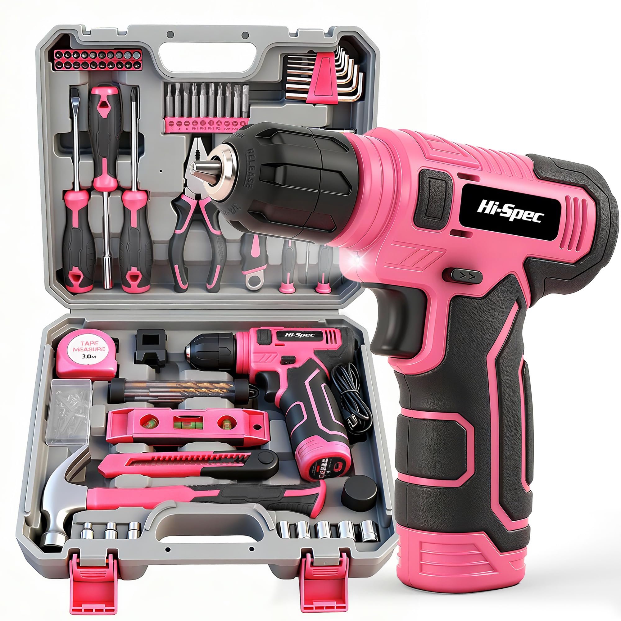 Hi-Spec Set de Herramientas Completo con Destornillador Eléctricos 8V, Rosa | 74 piezas, set completo en estuche portátil, recargable, para tareas de montaje y reparaciones domésticas, uso diario