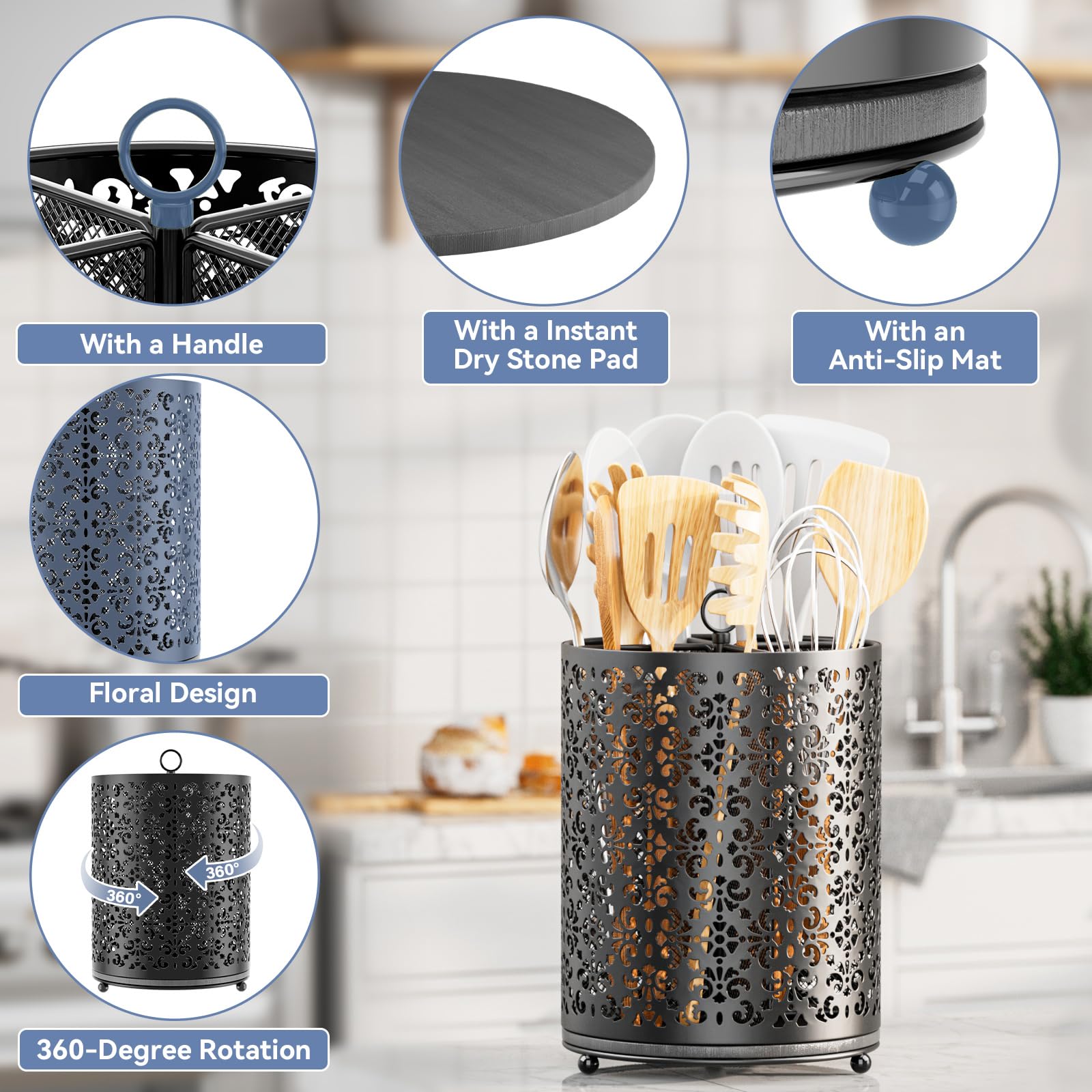 EKNITEY Instant-Dry Kitchen Utensil Holder - Large 360° Rotating Cutlery Basket - 4 Compartments Kitchen Utensil Storage - Spatula Storage Rack (Black)