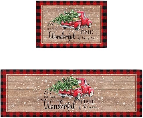 Juego de 2 alfombras de cocina, decoración de árbol de Navidad, alfombras de cocina, antideslizantes, lavables, antifatiga, tapete de madera a