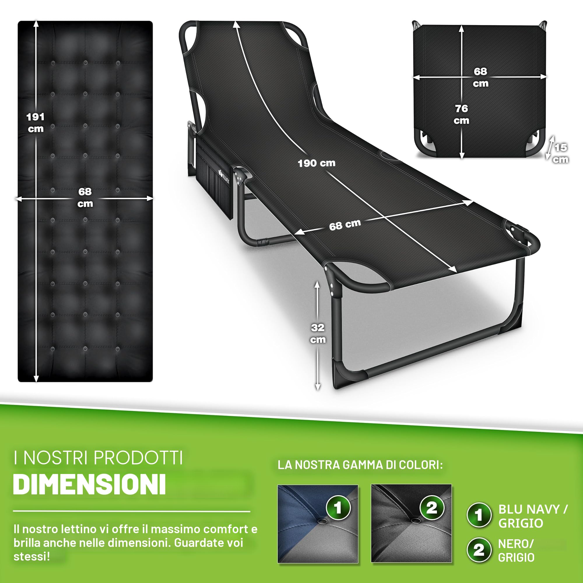 tillvex® Lettino da campeggio pieghevole con borsa per il trasporto e cuscino cervicale fino a 280 kg | Lettino da campeggio con imbottitura | Letto pieghevole per gli ospiti giardino campeggio