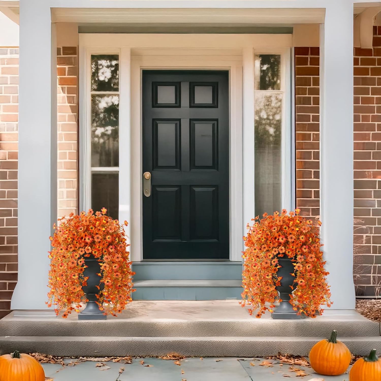 Homsunny Artificial Fall Flowers for Outdoors Fake Flowers UV Resistant 2PCS Fall Mums Flowers for Home Patio Balcony Yard Porch, Orange and Sunset Red - Image 5