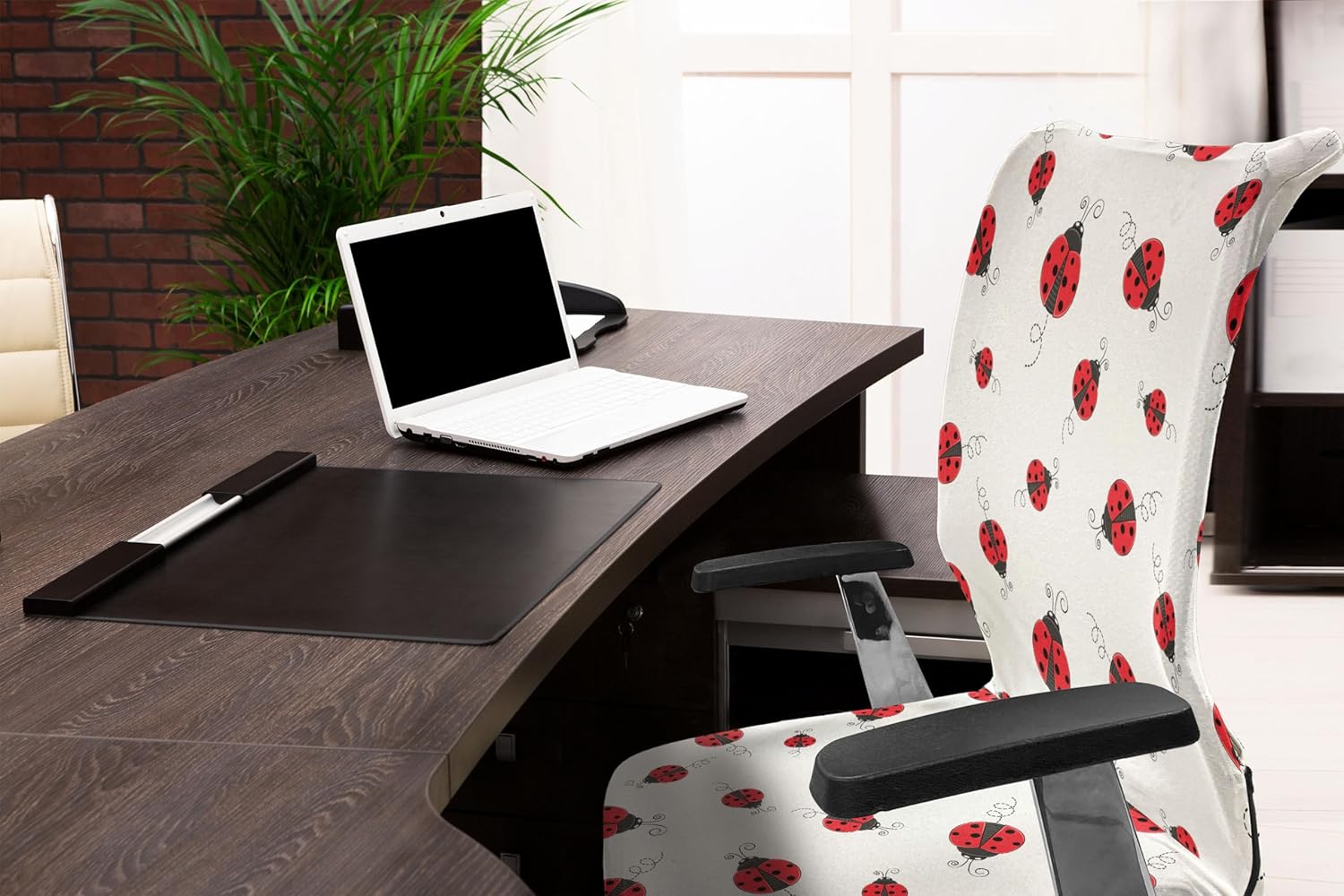 Ambesonne Ladybugs Office Chair Cover, Ladybug Dotted Wings Swirls and Curves Pattern Animal, Stretchable Decorative Universal Size High Back Printed Slipcover, Black White