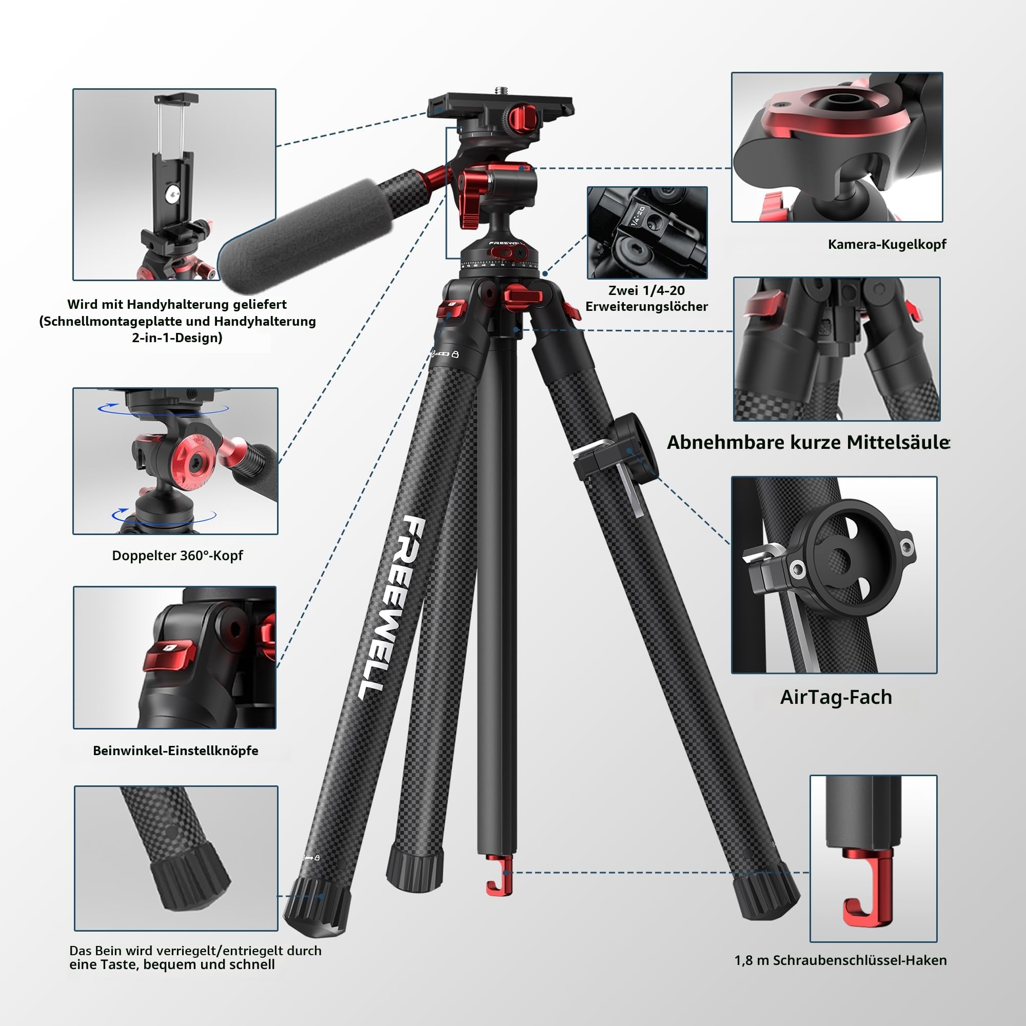 Freewell Carbon Fiber Reisestativ 59.1“ Leichtgewicht 1.98 lbs | Foto/Video 360° Kugelkopf (Max Load 5kgs/11 lbs), Einbeinstativ, Schnellwechselplatte, für DSLR Kameras & Smartphones