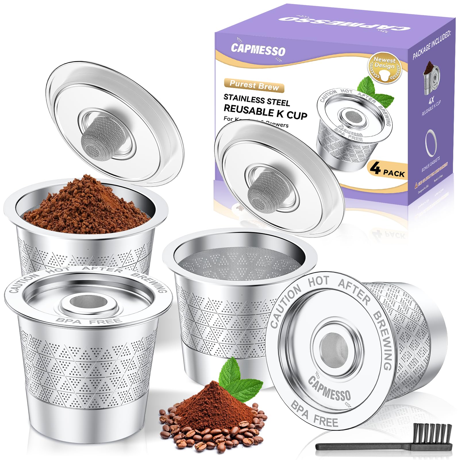 CAPMESSO Reusable K Cups for Keurig 1.0: Dual Mesh No Grounds 4-Pack Pods