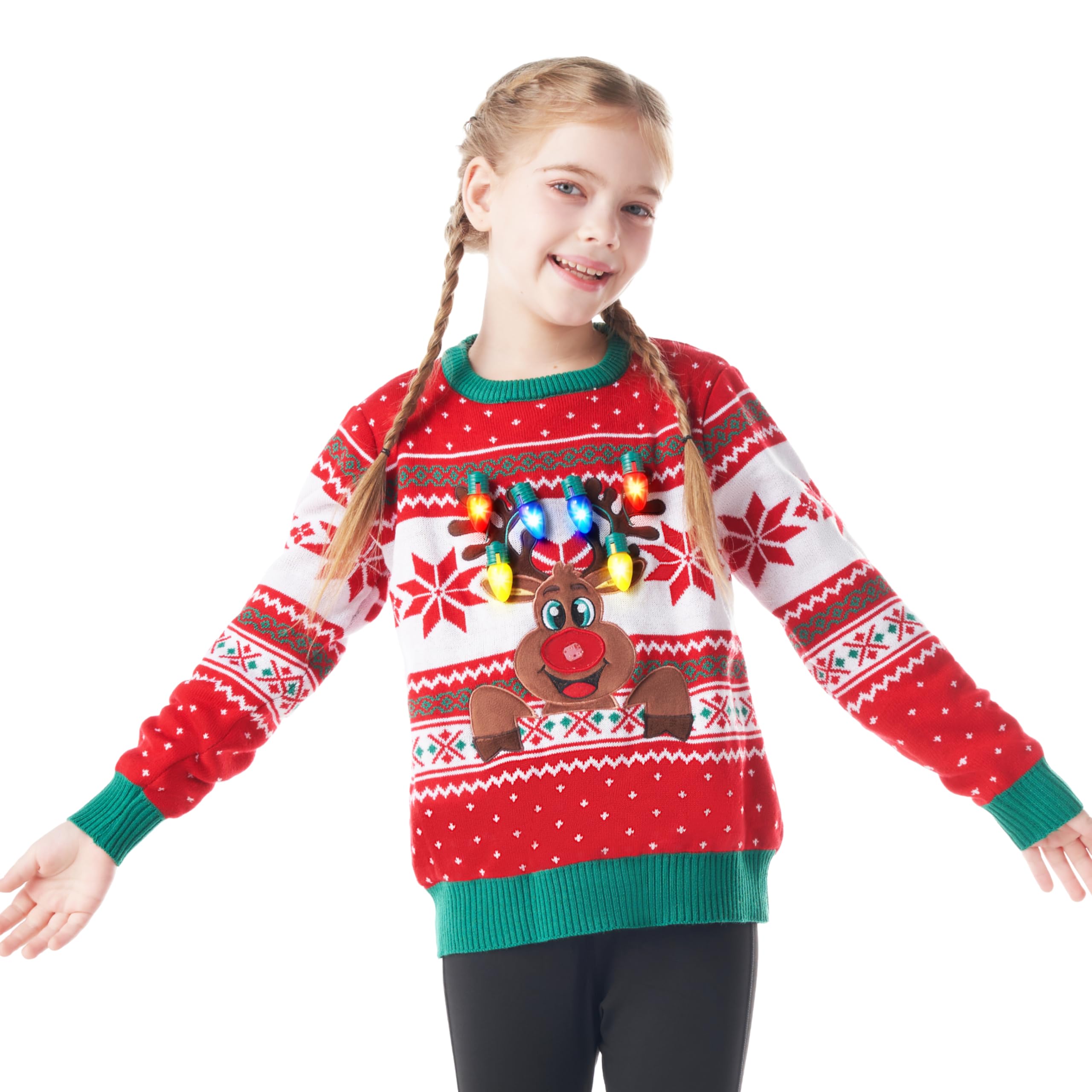 Suéter feo de Navidad para niños con luz LED de reno