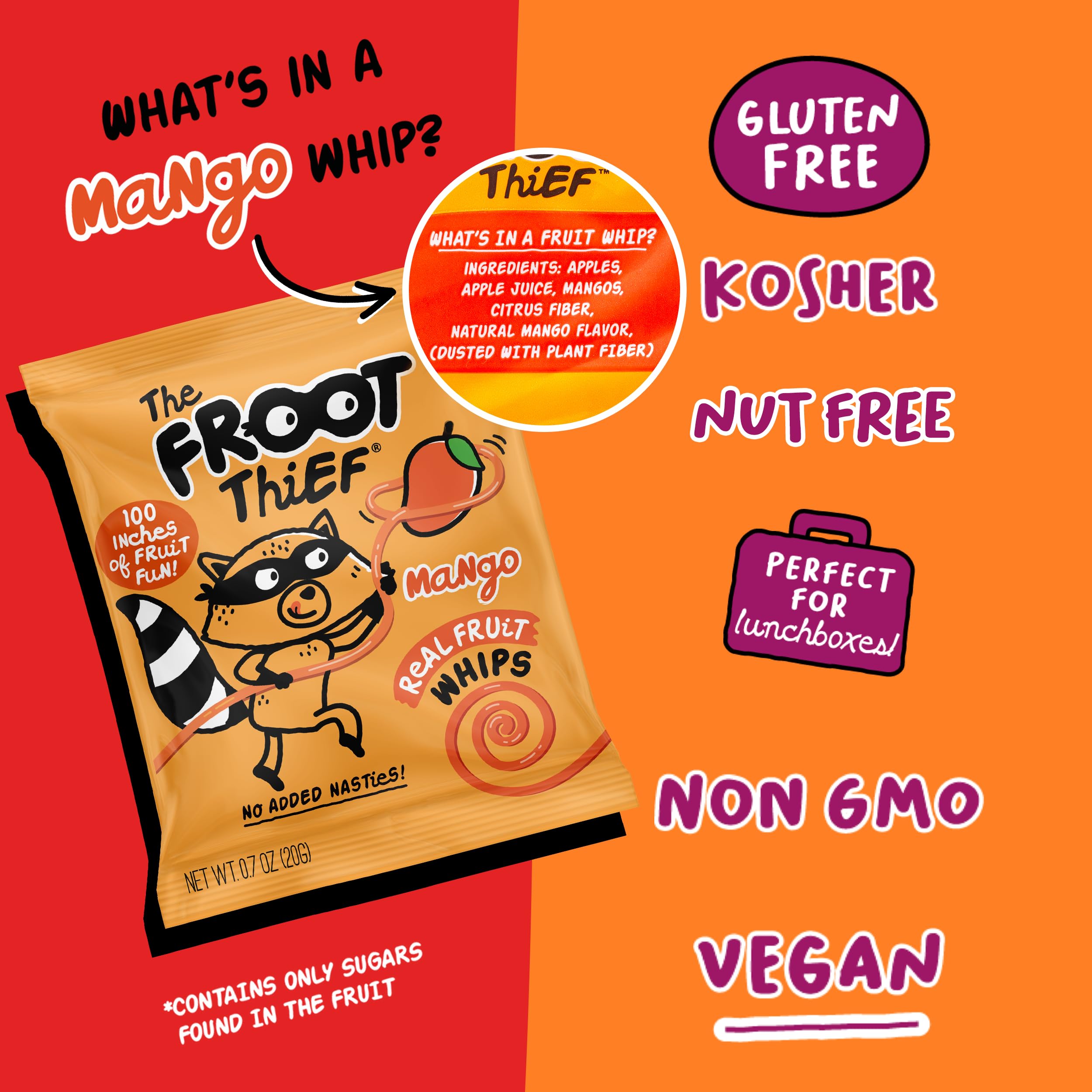 The FROOT Thief Real Fruit Snack Whips, Mango, Nut Free, Perfect for School Lunches and Snacks, Individual Bags Kids Snacks, 5 Pack thumbnail 2