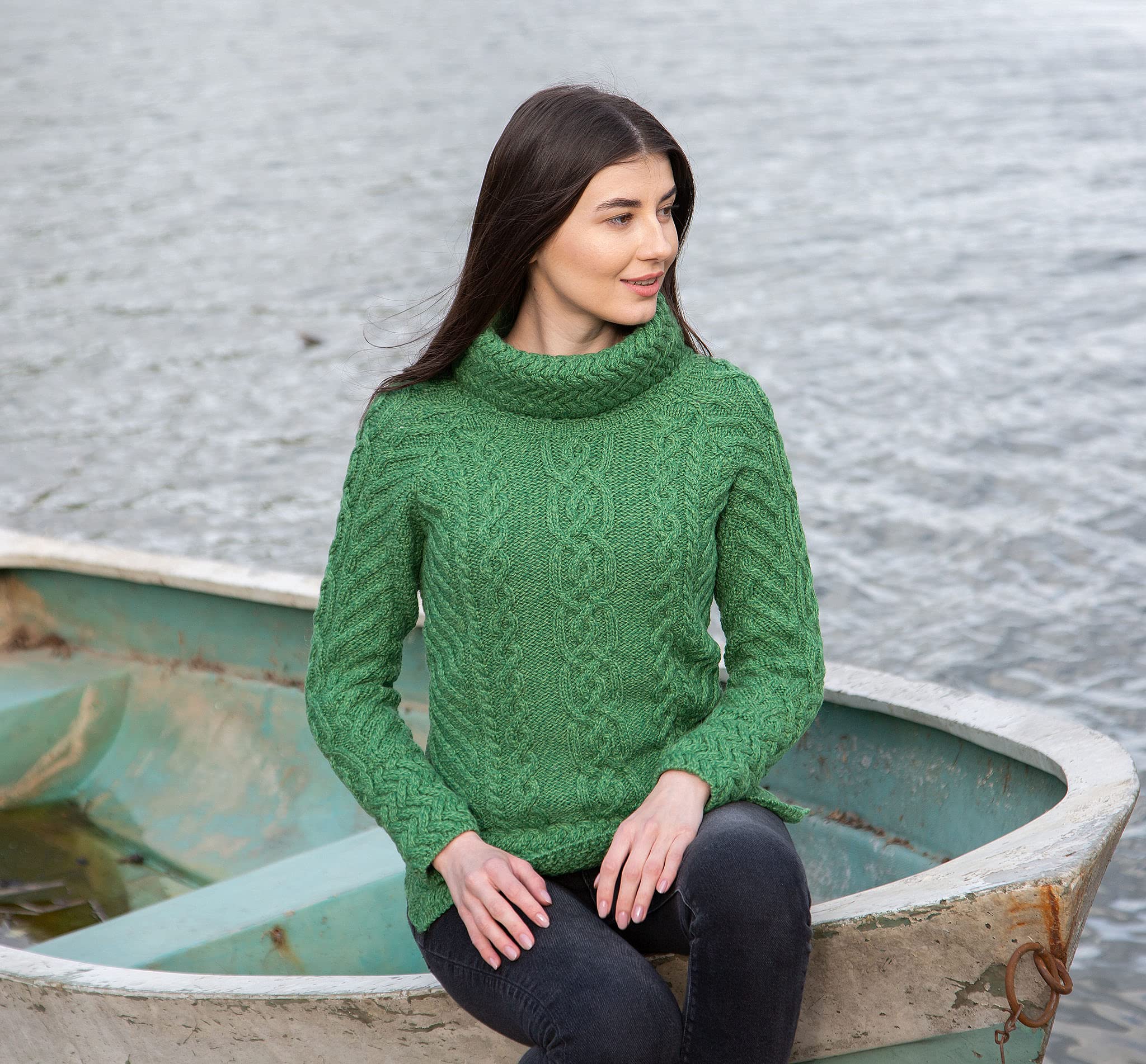 SAOL Aran - Maglione irlandese da donna, realizzato in 100% lana merino, da pescatore irlandese, lavorato a maglia