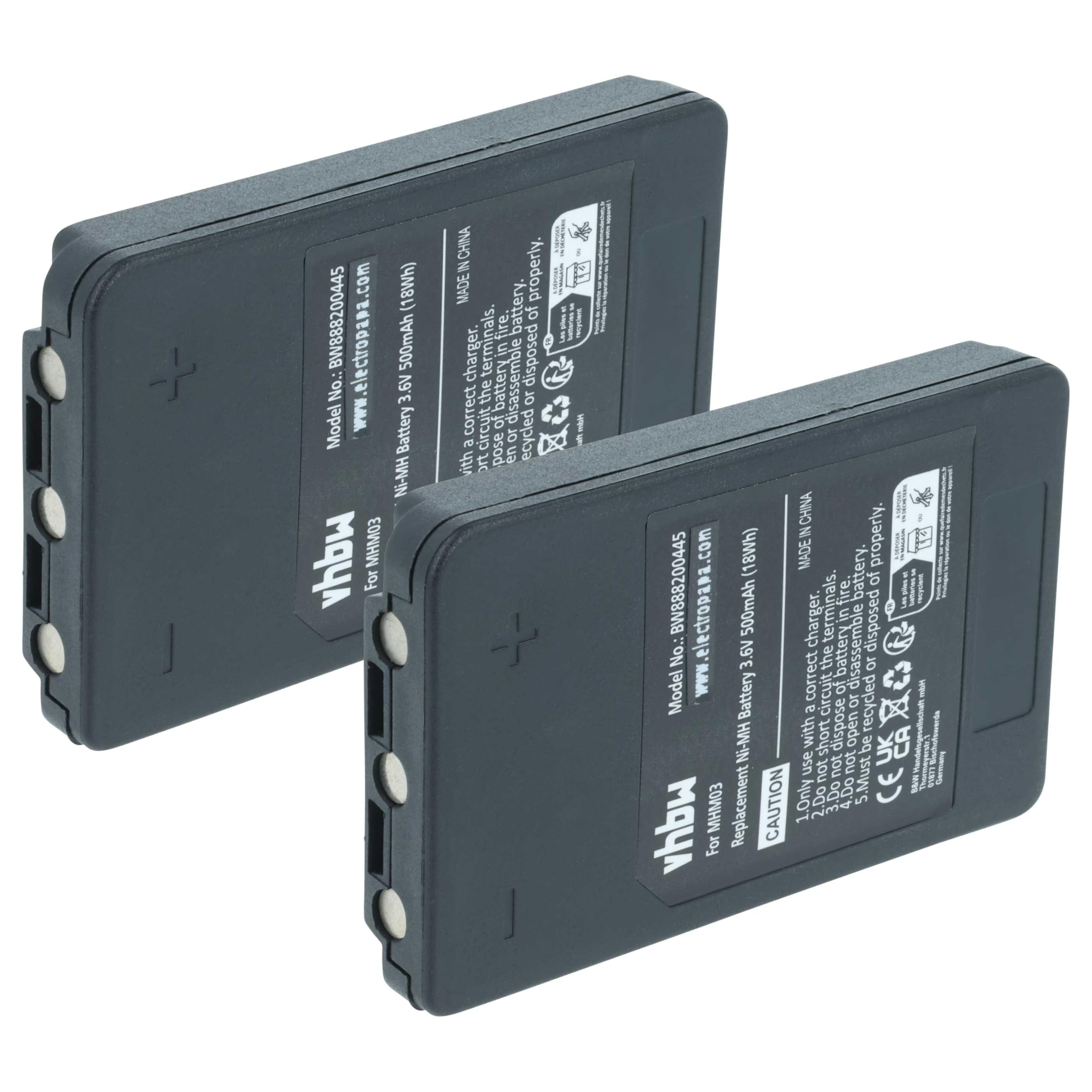 vhbw 2x Battery Replacement for Autec MHM03, LPM01LI, LPM01, R0BATT00E10A0 for Industrial Radio Remote Control (500 mAh, 3.6 V, NiMH) - Black